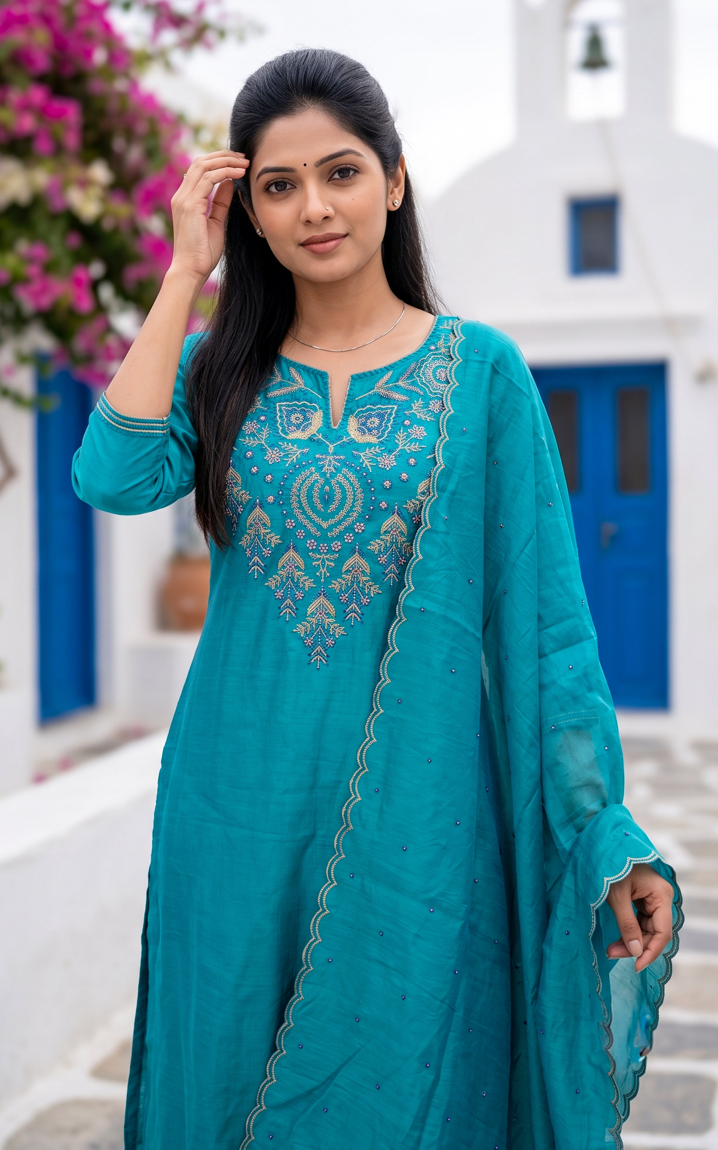 Rama Blue Chanderi Straight Cut Kurti Set for Women