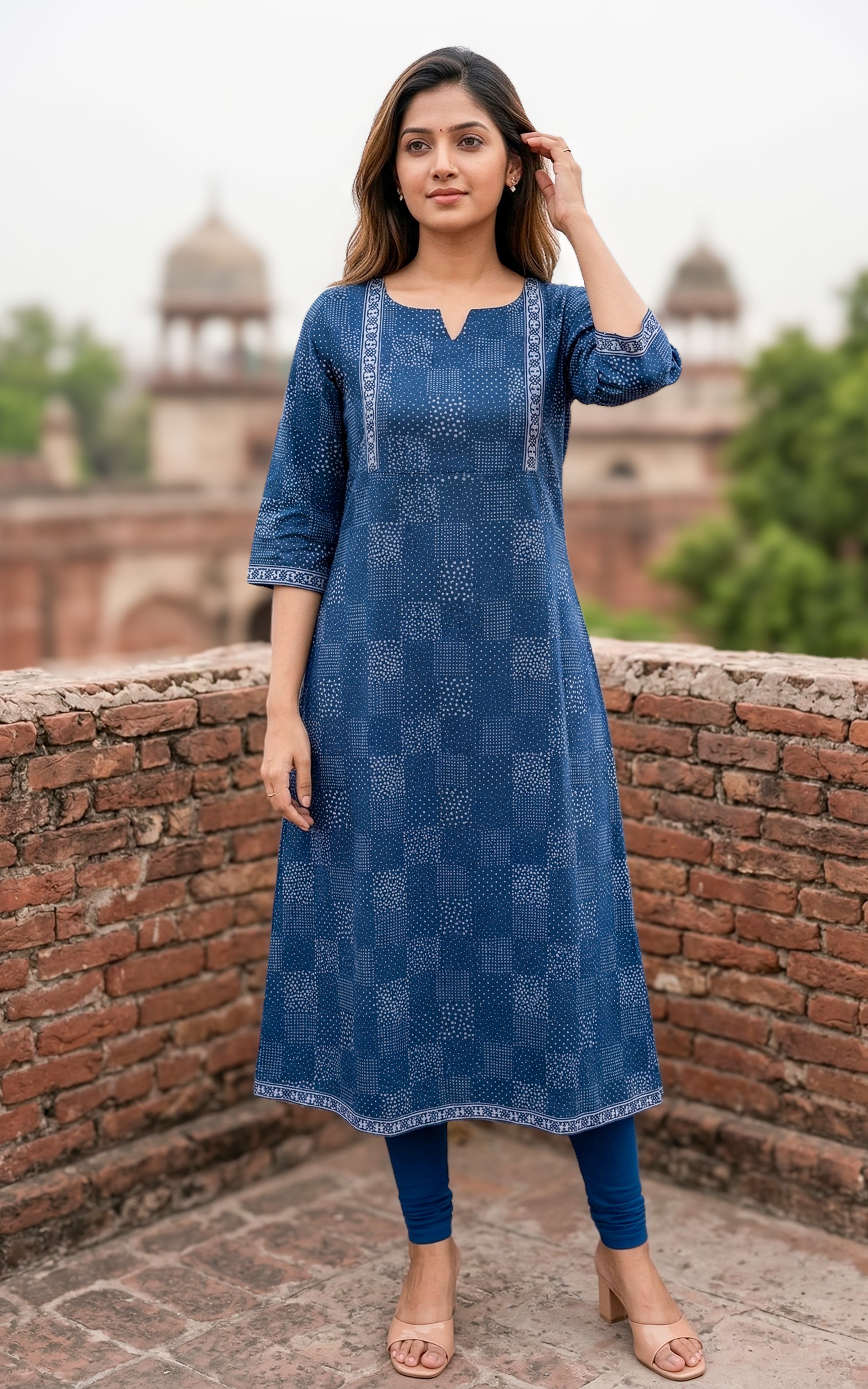Instore - Navy Blue Color Cotton Printed Aline Kurti with Bell Sleeves and One Side Pocket, No Lining