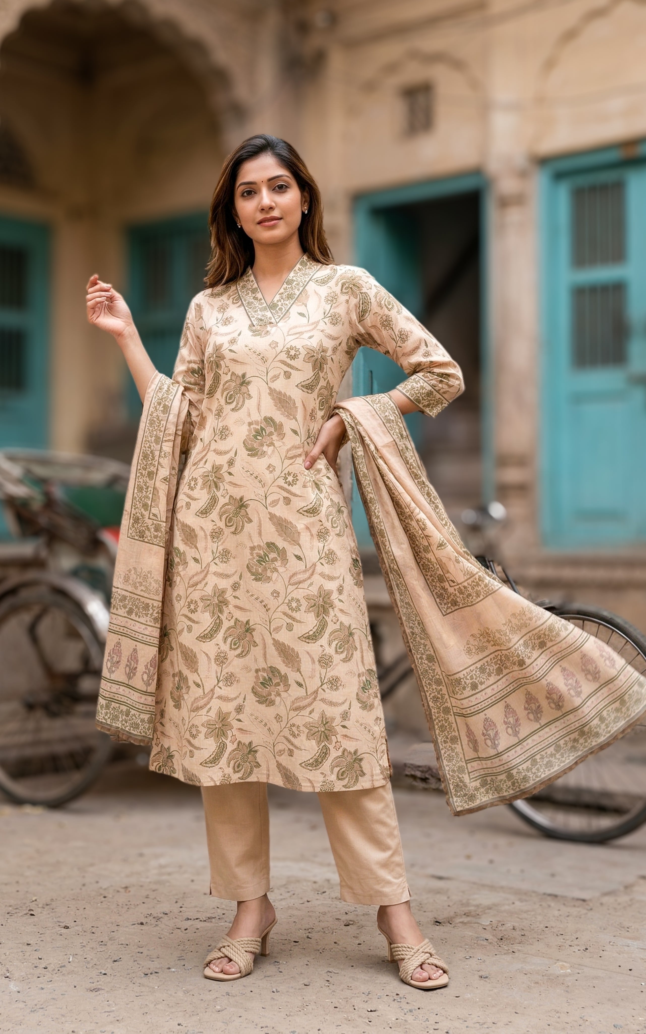 Straight Pant with Full Elastic Waistband and Paired with Dupatta