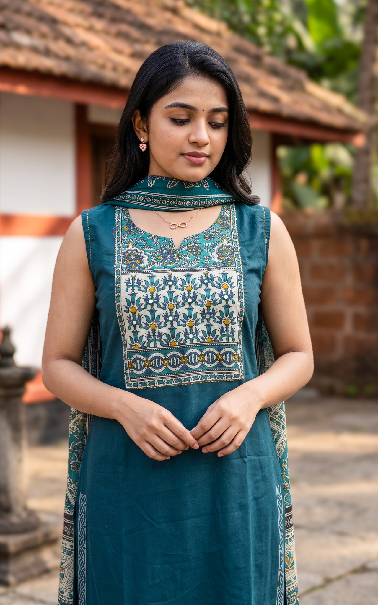 Ranvika Peacock Blue Handblock (Kurti+Pant+Dupatta)