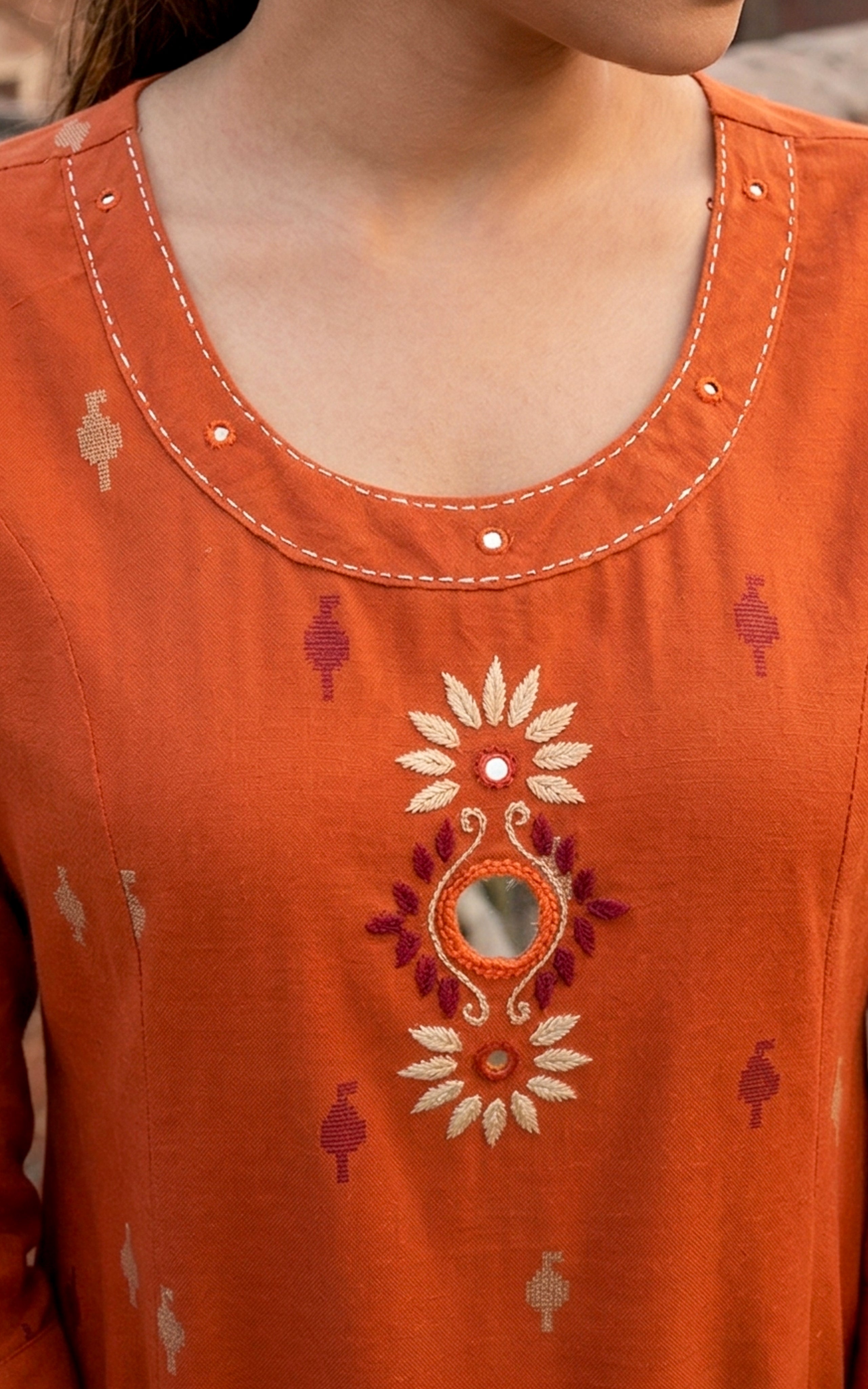 Instore - Rust Cotton Blend Straight Cut Kurti with Side Slit, Palazzo Pant, No Lining