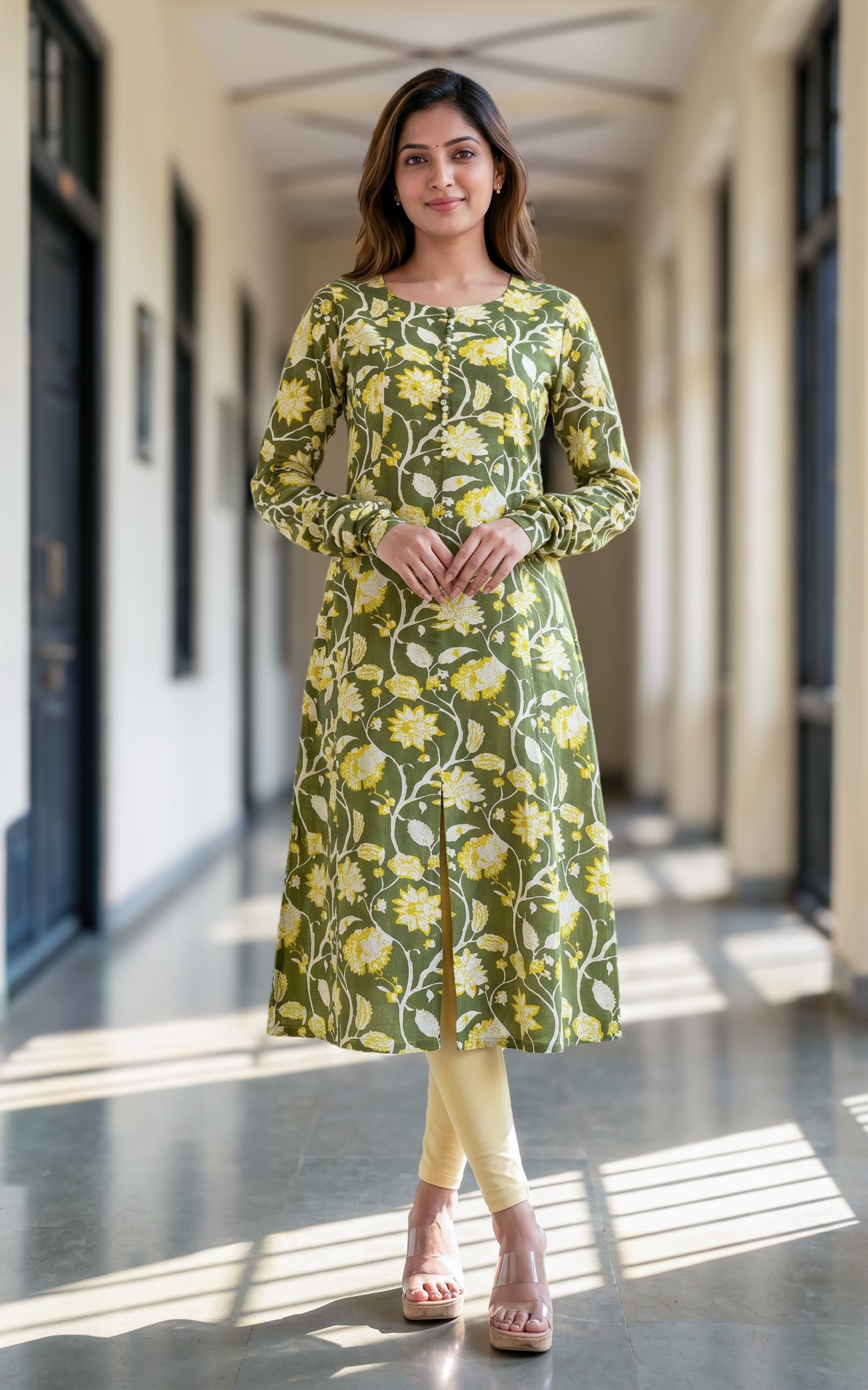 Cotton kurti with gathered sleeves for women