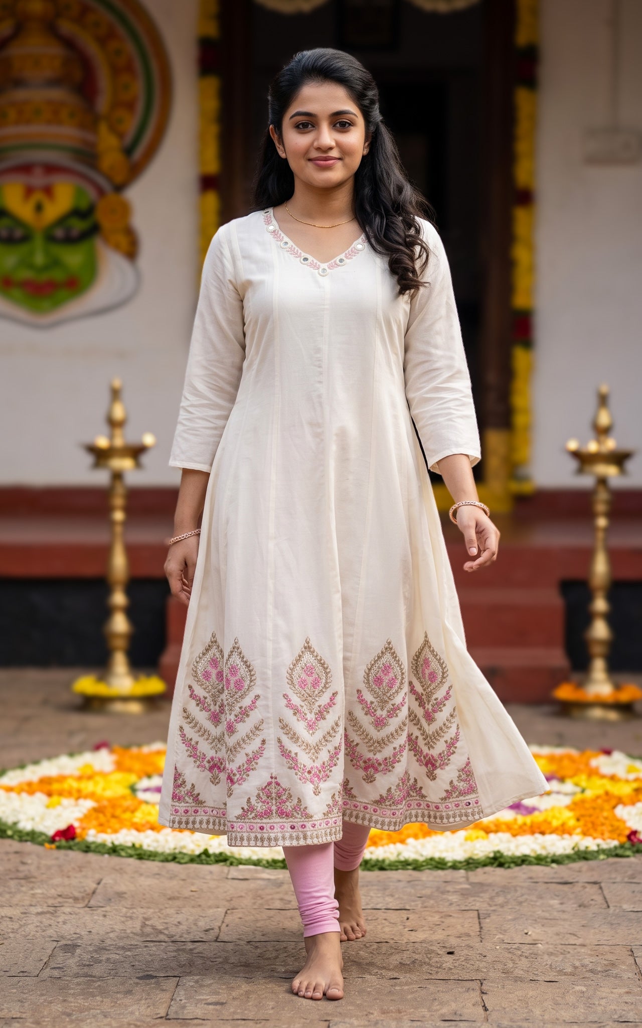 Off White Cotton Anarkali Kurti for Women