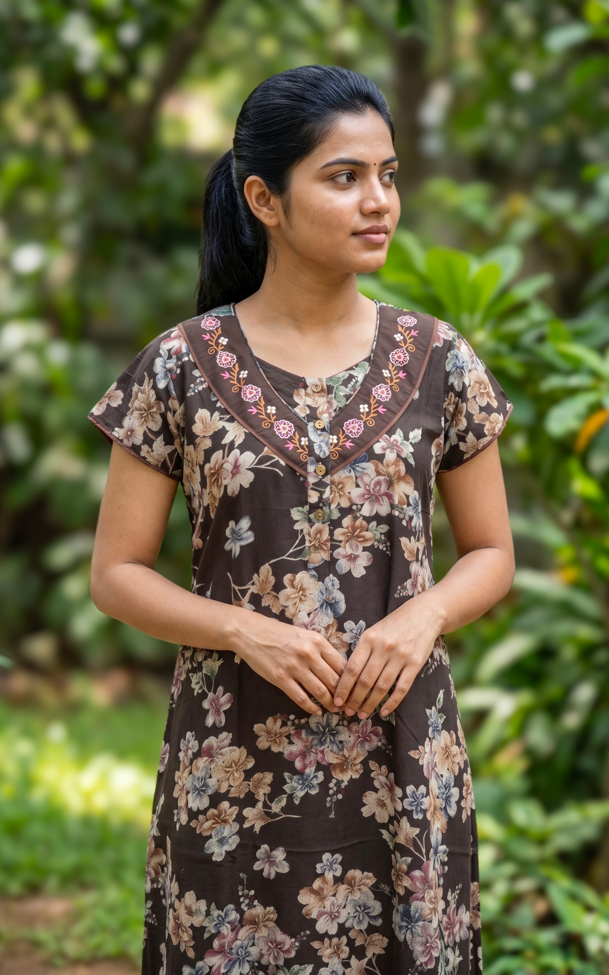 Instore - Black Floral Print Cotton Long Nighty with Side Pocket, Relaxed Fit, Women's Sleepwear