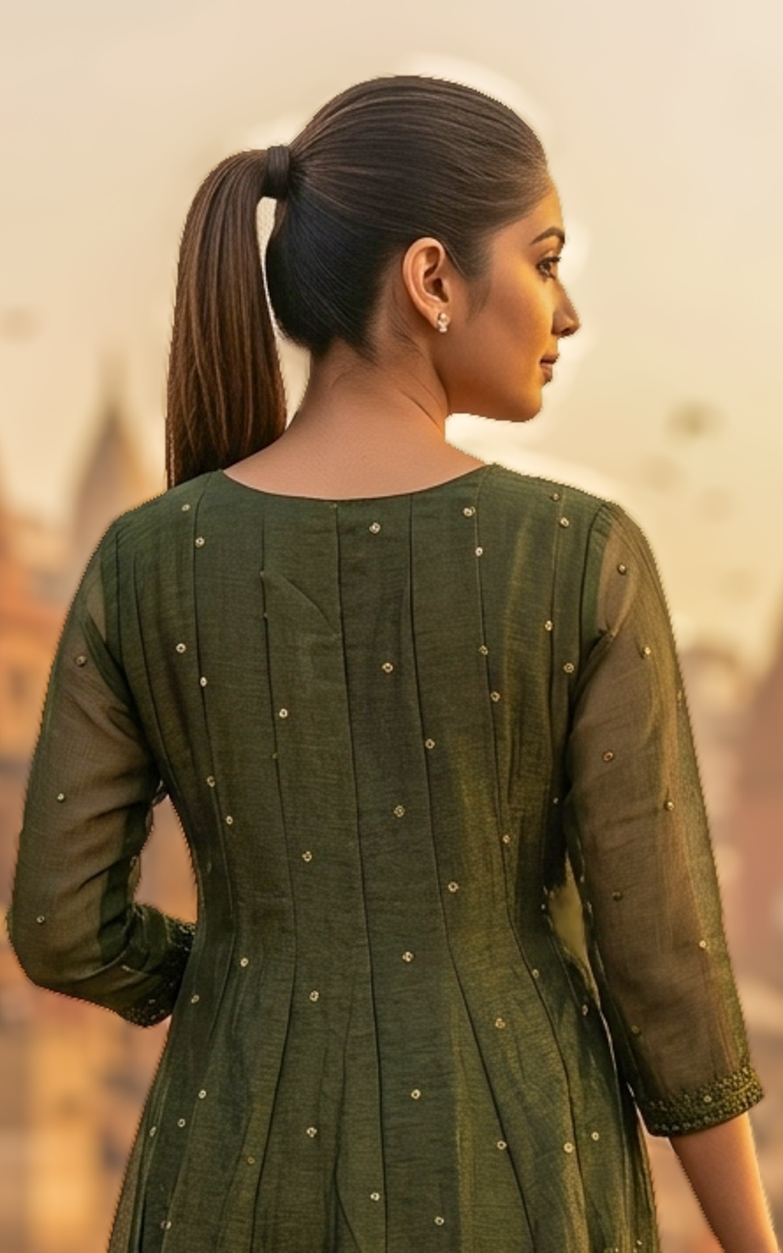 Instore – Dark Mehandi Green Mellinam Anarkali Kurti with Dupatta for Women – Crushed Tissue Silk – Sequin Embroidery – Festive Ethnic Wear
