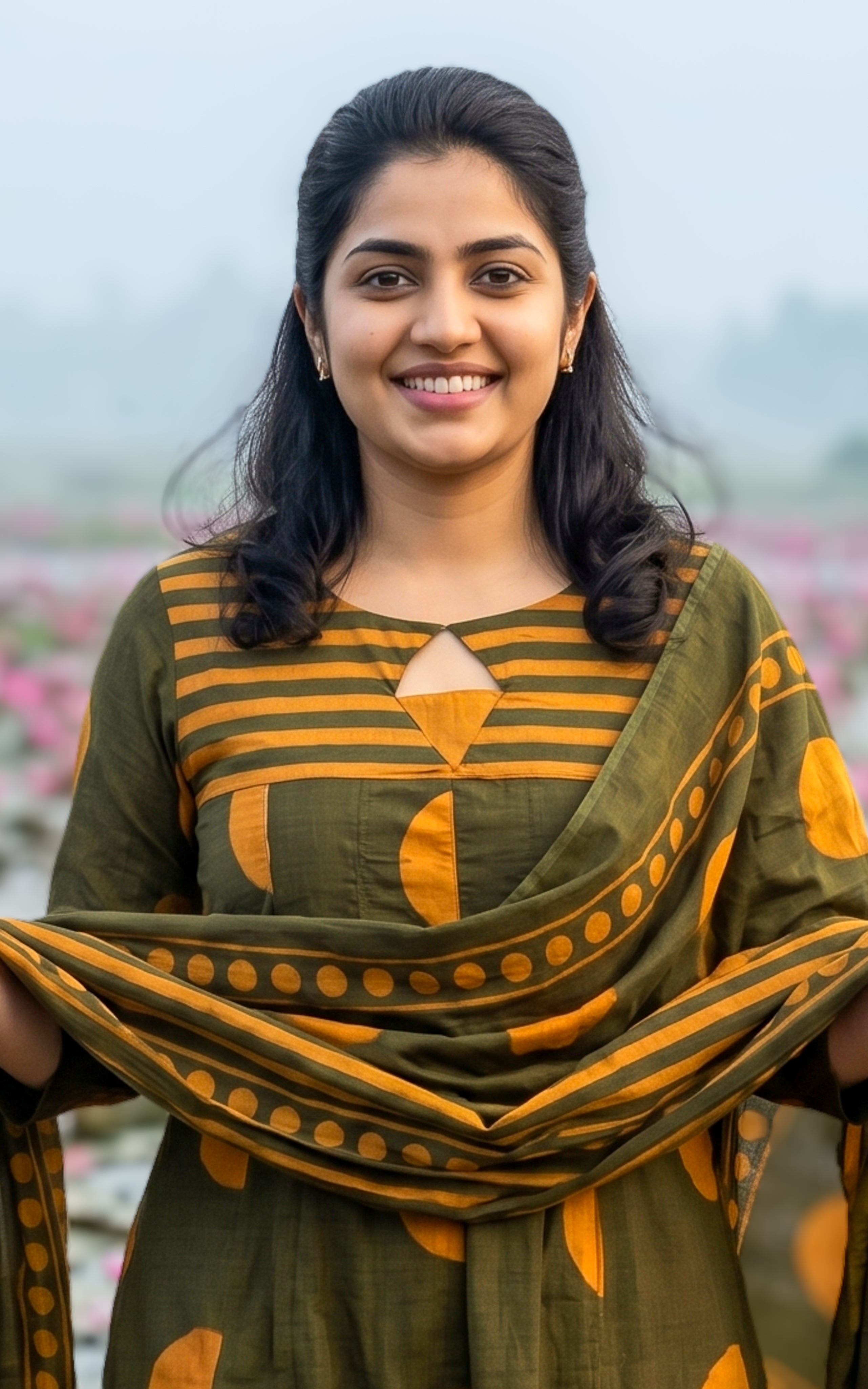 Instore-Poonguzhali E (Kurti+Pant+Dupatta)-Cotton-Anarkali -with One Side Pocket -Palazzo Pant -Dupatta -Mehandi Green -Summer collection-Daily wear-office wear-college wear-ethnic wear