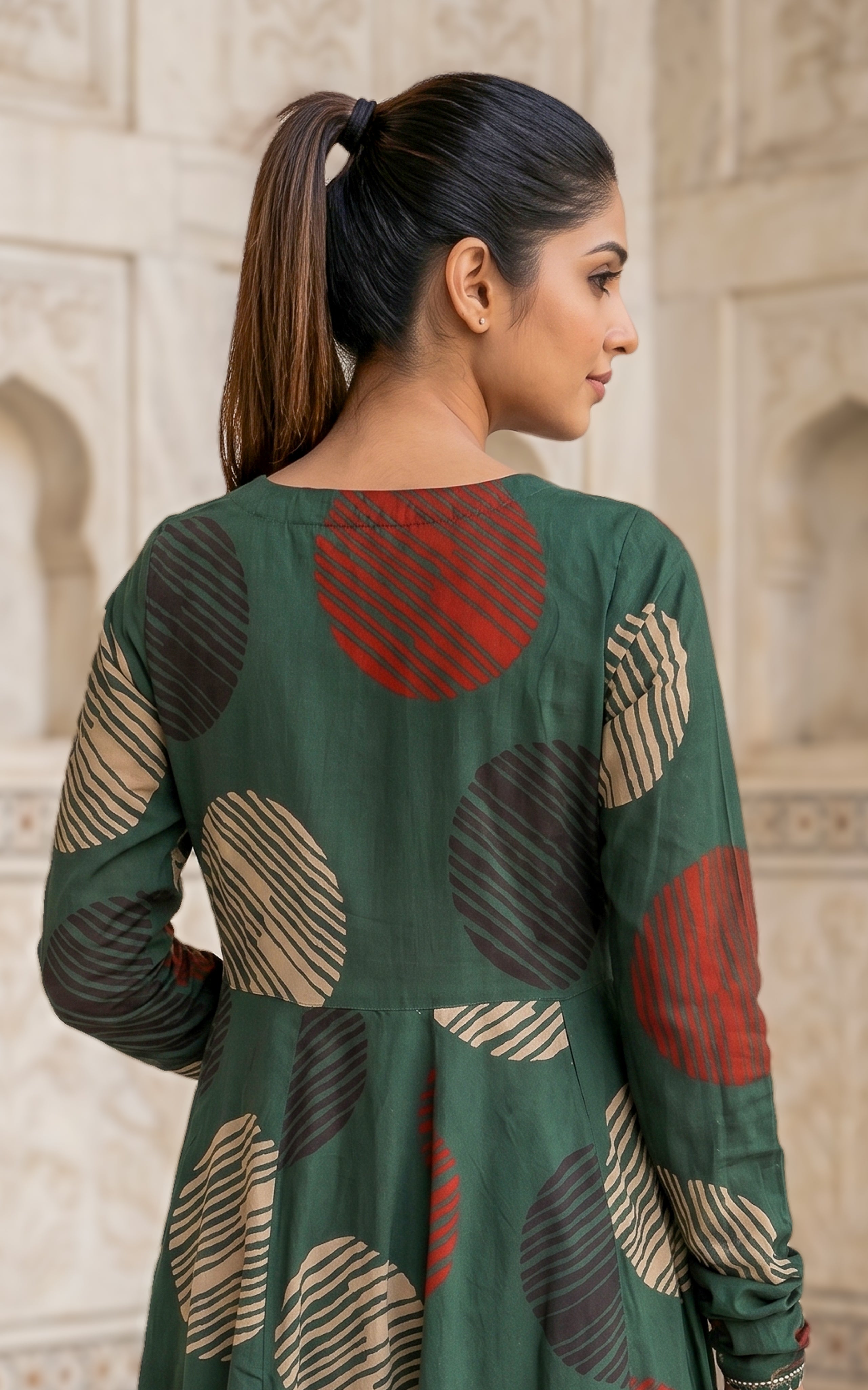 Instore - Green Color Printed Cotton Flared Anarkali Kurti with Line Embroidery & Sweetheart Neck with Gathered Sleeve