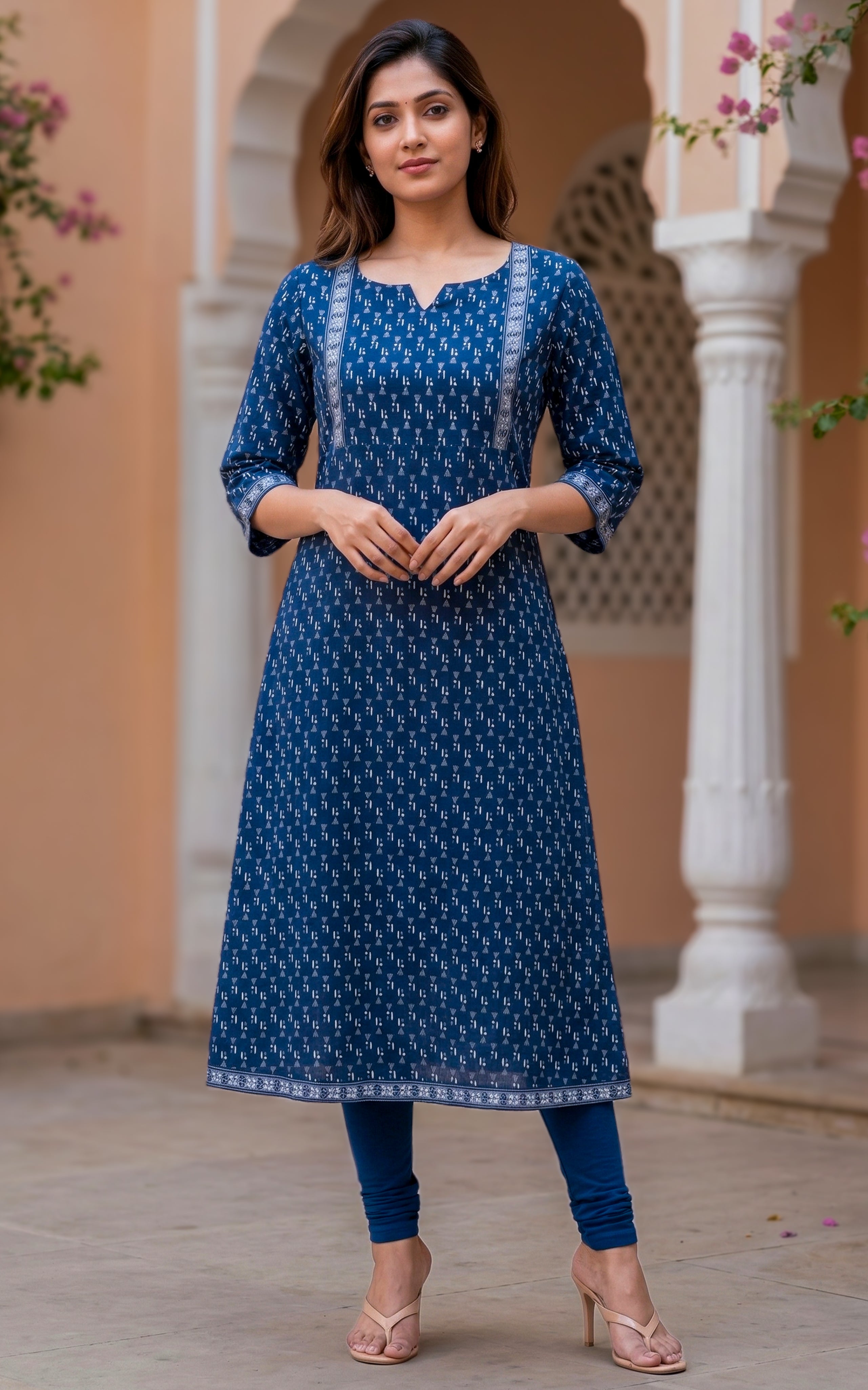 Instore - Navy Blue Color Cotton Printed Aline Kurti with Bell Sleeves and One Side Pocket, No Lining