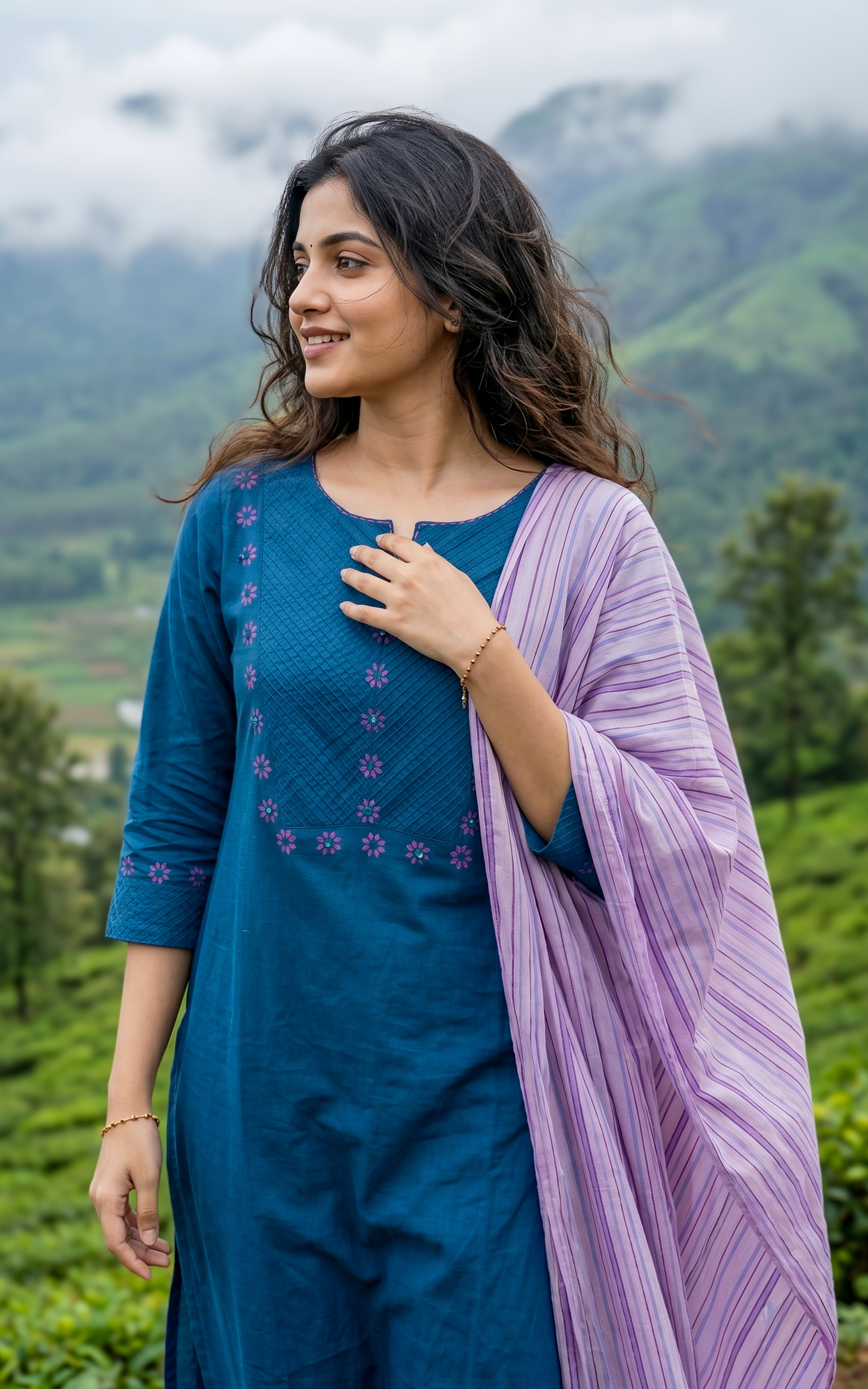 Instore – Navy Blue Cotton Straight Cut Kurti with Dupatta for Women – Side Slit – Ethnic Wear