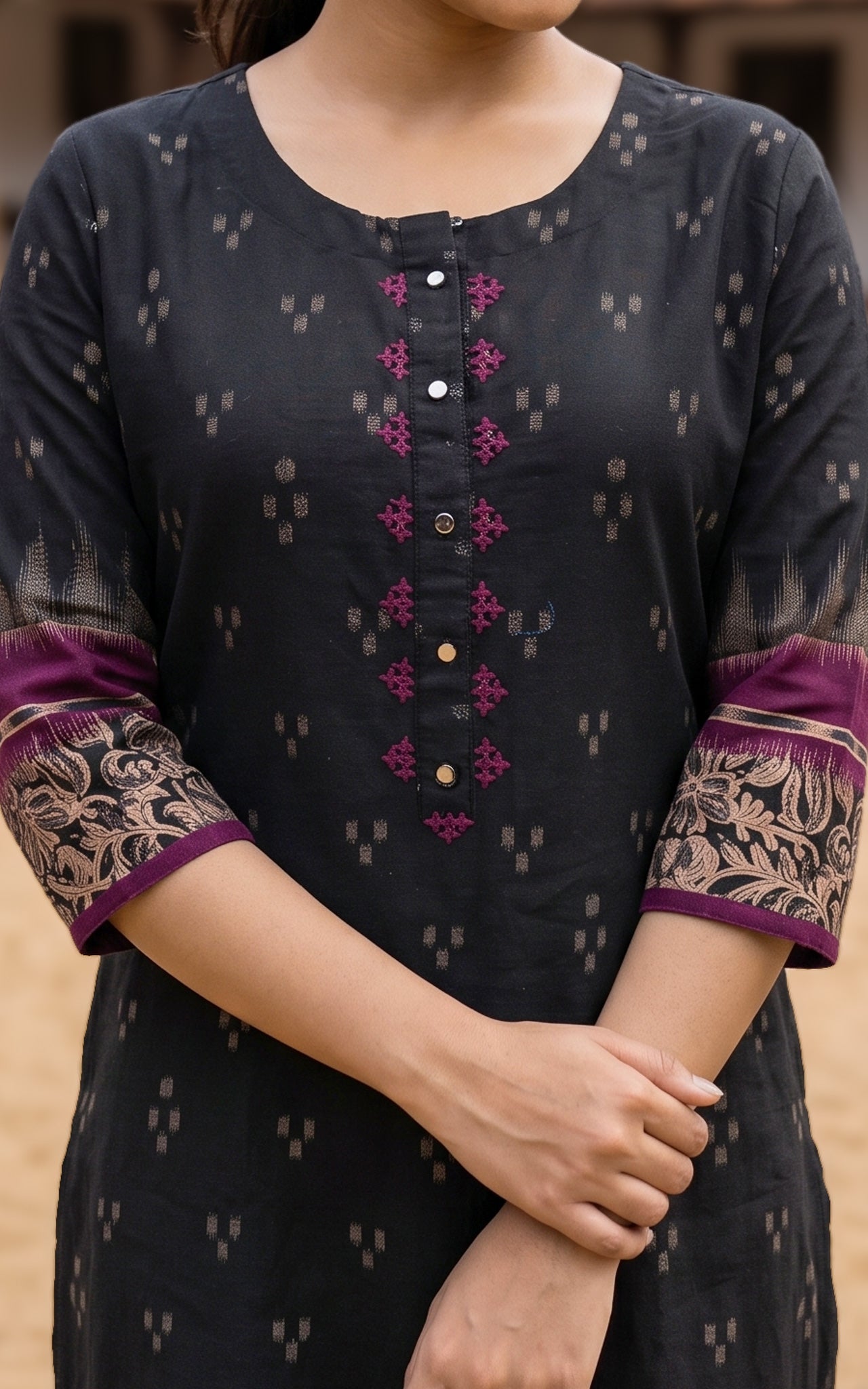 Black and Plum Cotton Ethnic Wear Kurti for Women