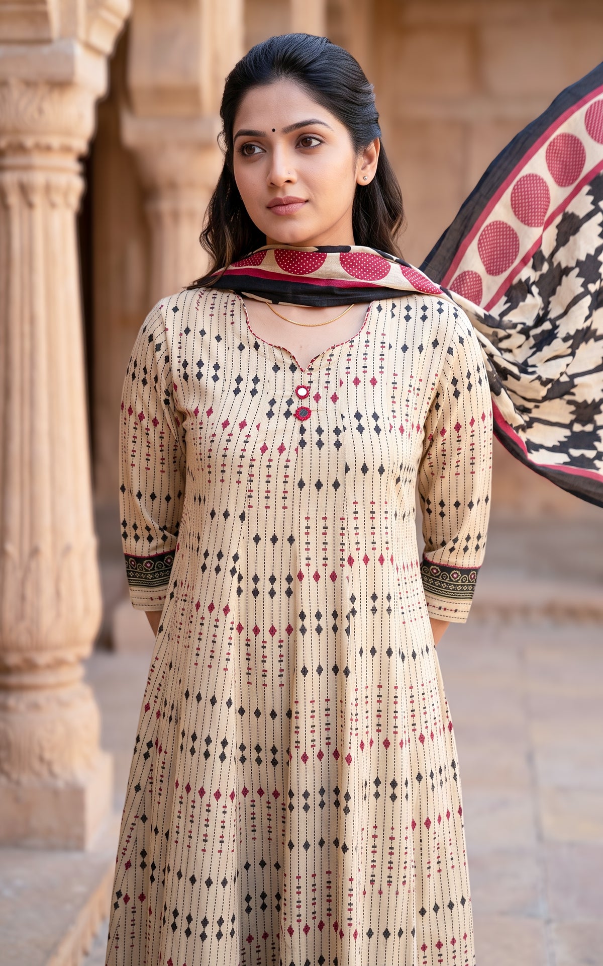 Beige and Black Cotton Ethnic Wear Anarkali Kurti with Dupatta for Women