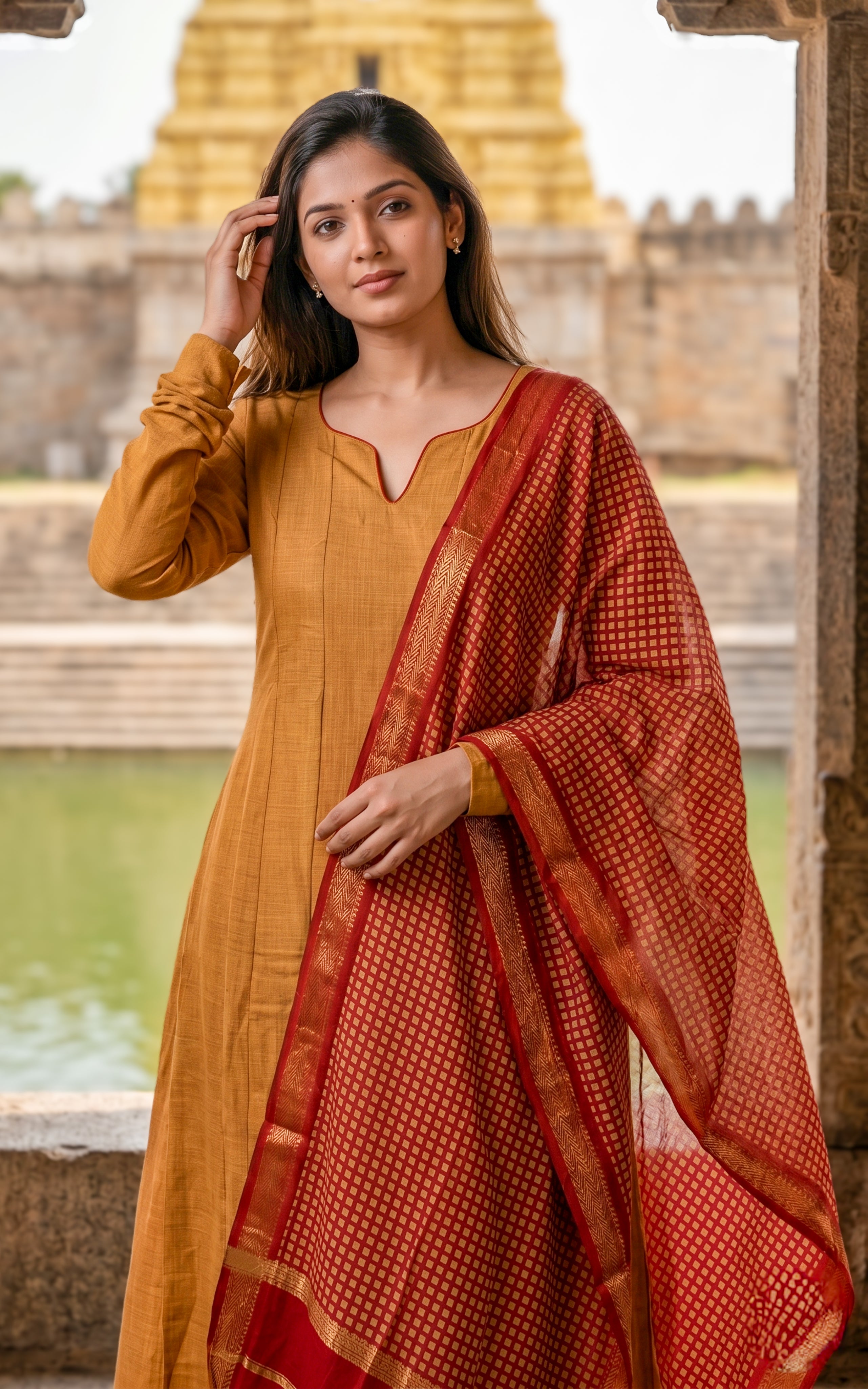 Instore – Mustard Flared Anarkali Kurti with Dupatta for Women – Casual Wear – Ethnic Wear