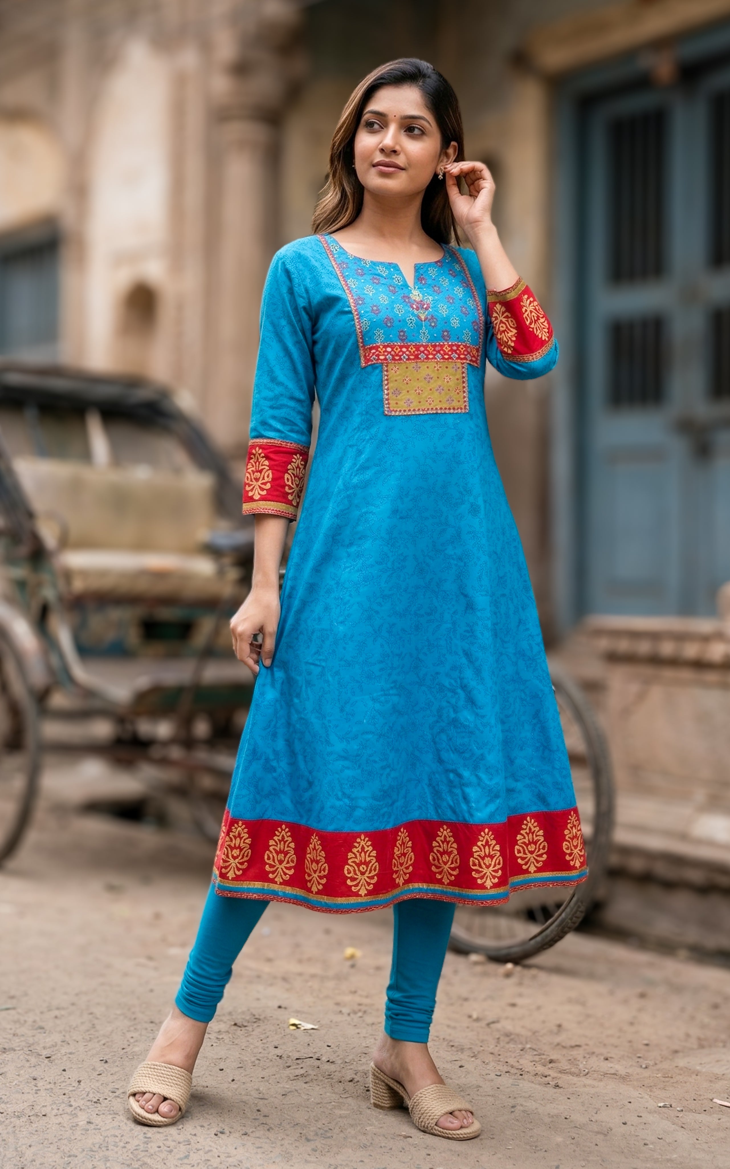 Instore - Blue Color Cotton Handblock Aline Kurti Featuring Contrast Yoke Panel