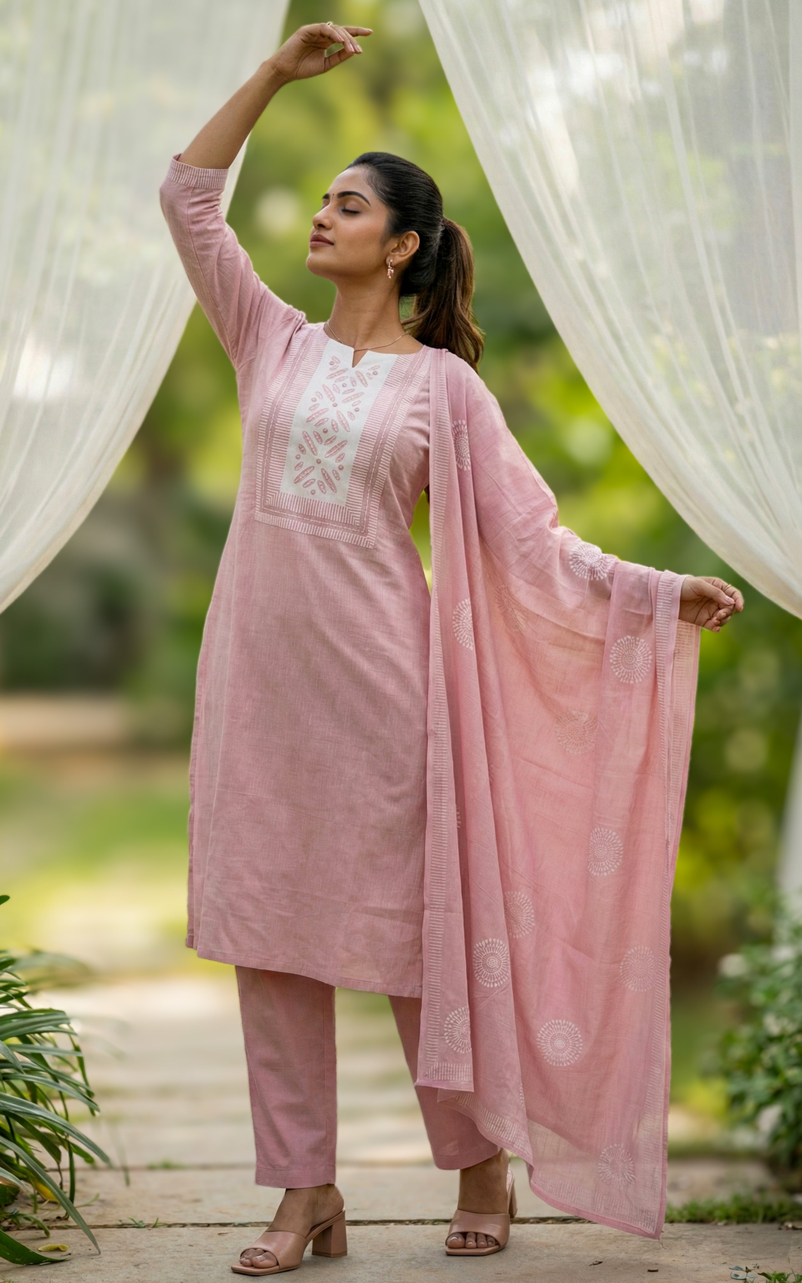 Baby pink south cotton kurti with elastic waist pant for women