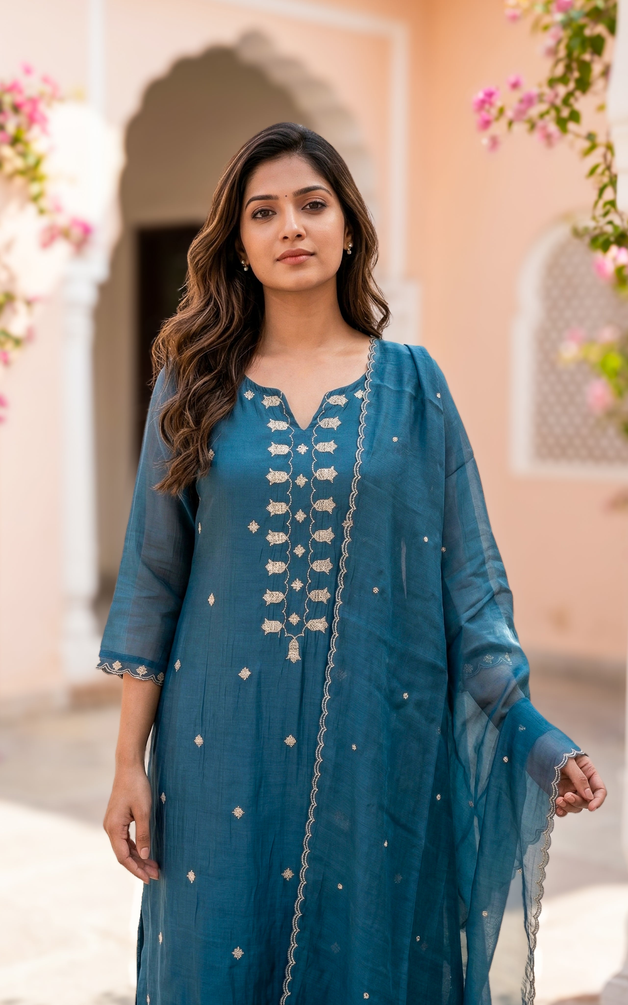 Instore – Light Navy Blue Suguna Kurti Pant Dupatta Set for Women – Chanderi – Festive Ethnic Wear