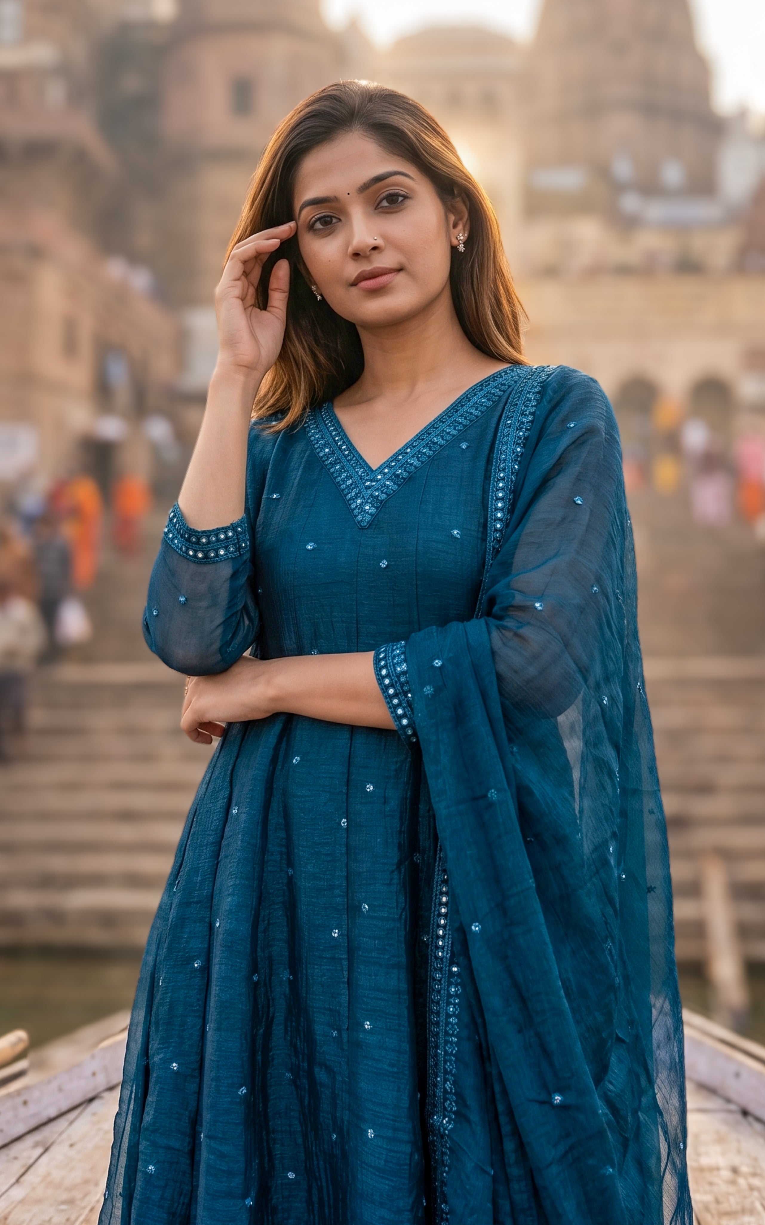 Instore – Teal Blue Mellinam Anarkali Kurti with Dupatta for Women – Crushed Tissue Silk – Sequin Embroidery – Festive Ethnic Wear