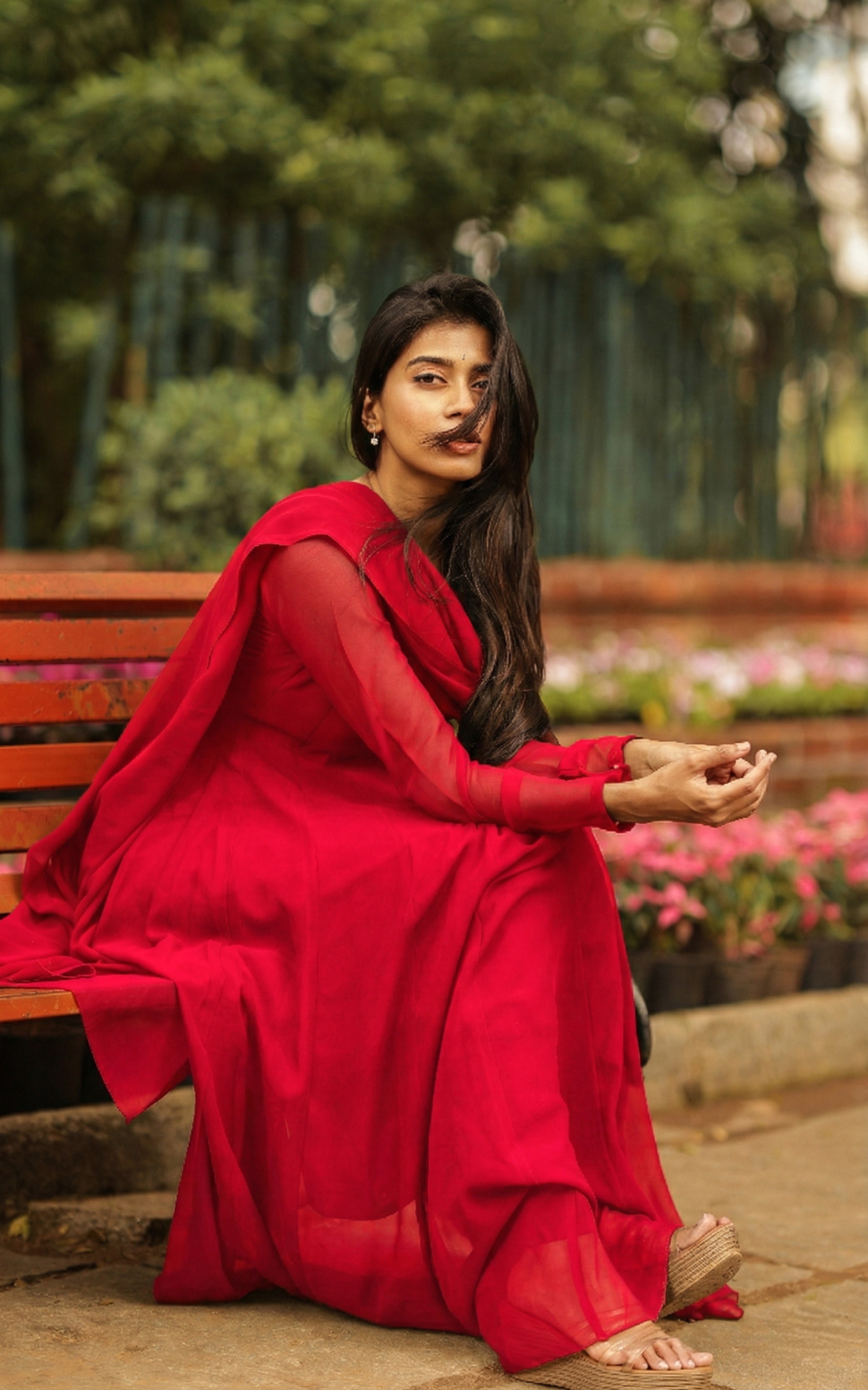 Georgette anarkali kurti with gathered sleeves and side zip closure