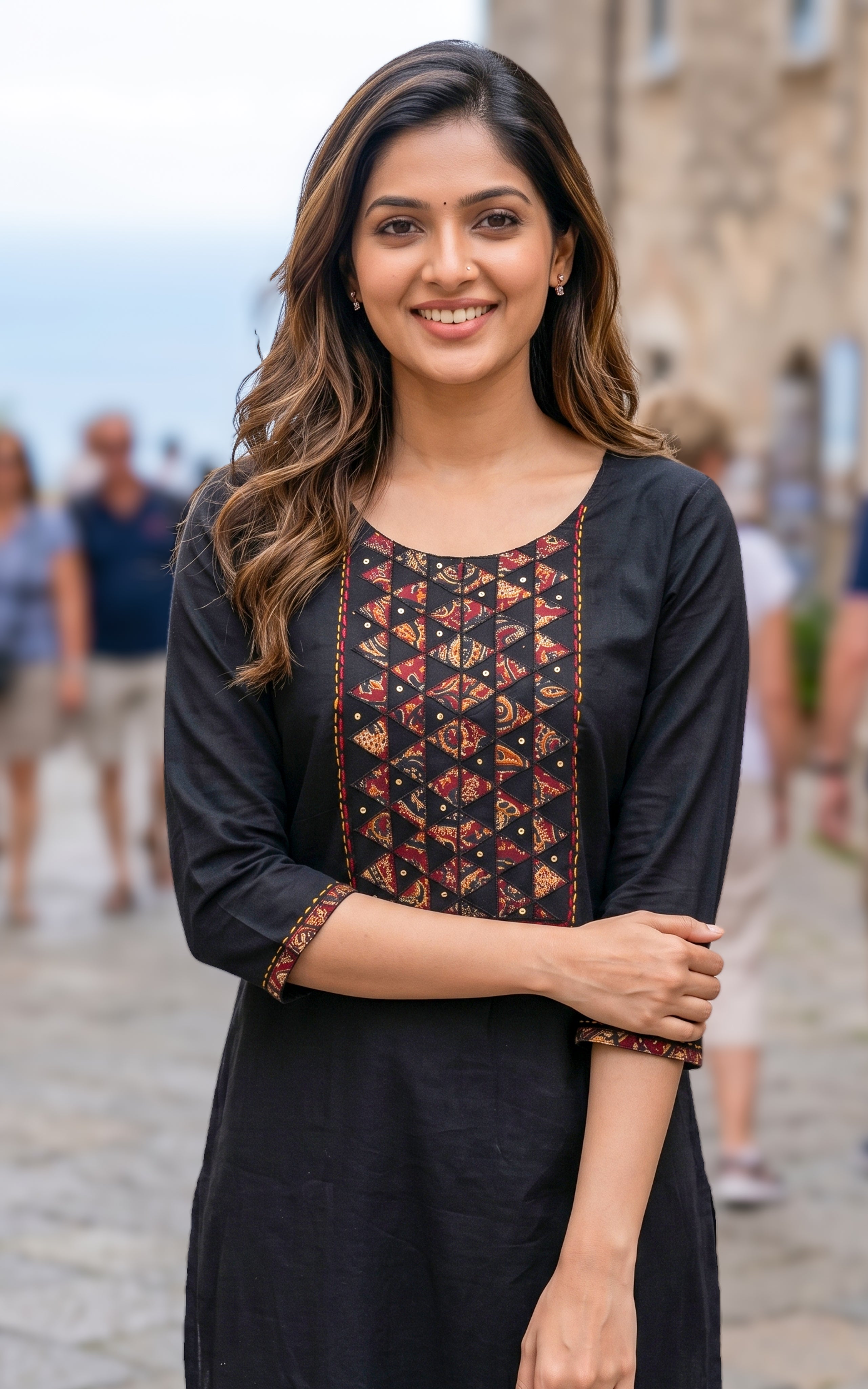 Black straight cut cotton kurti for women