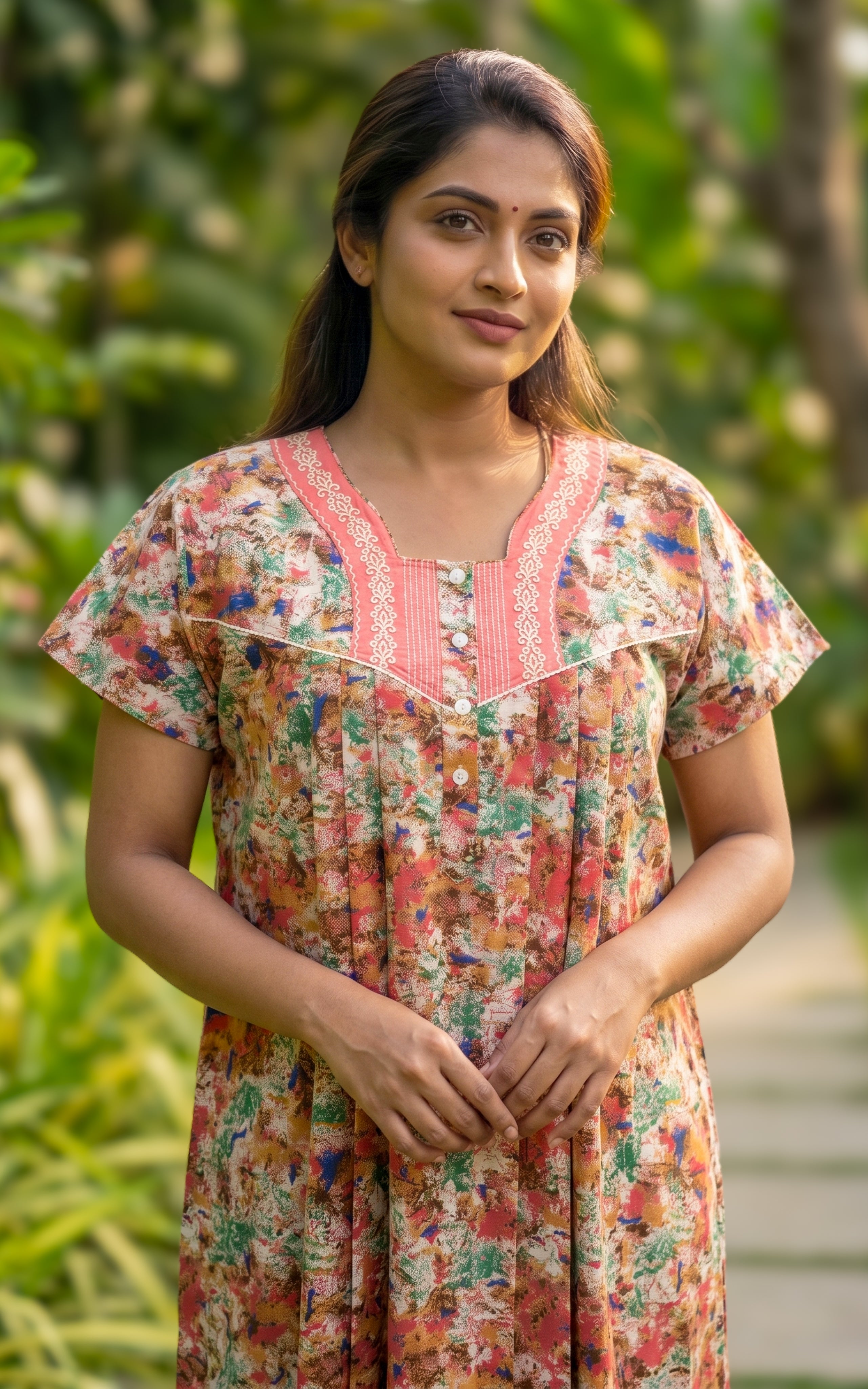 Instore - Multicolor Abstract Floral Print Cotton Long Nighty with Side Pocket, Relaxed Fit, Women's Sleepwear