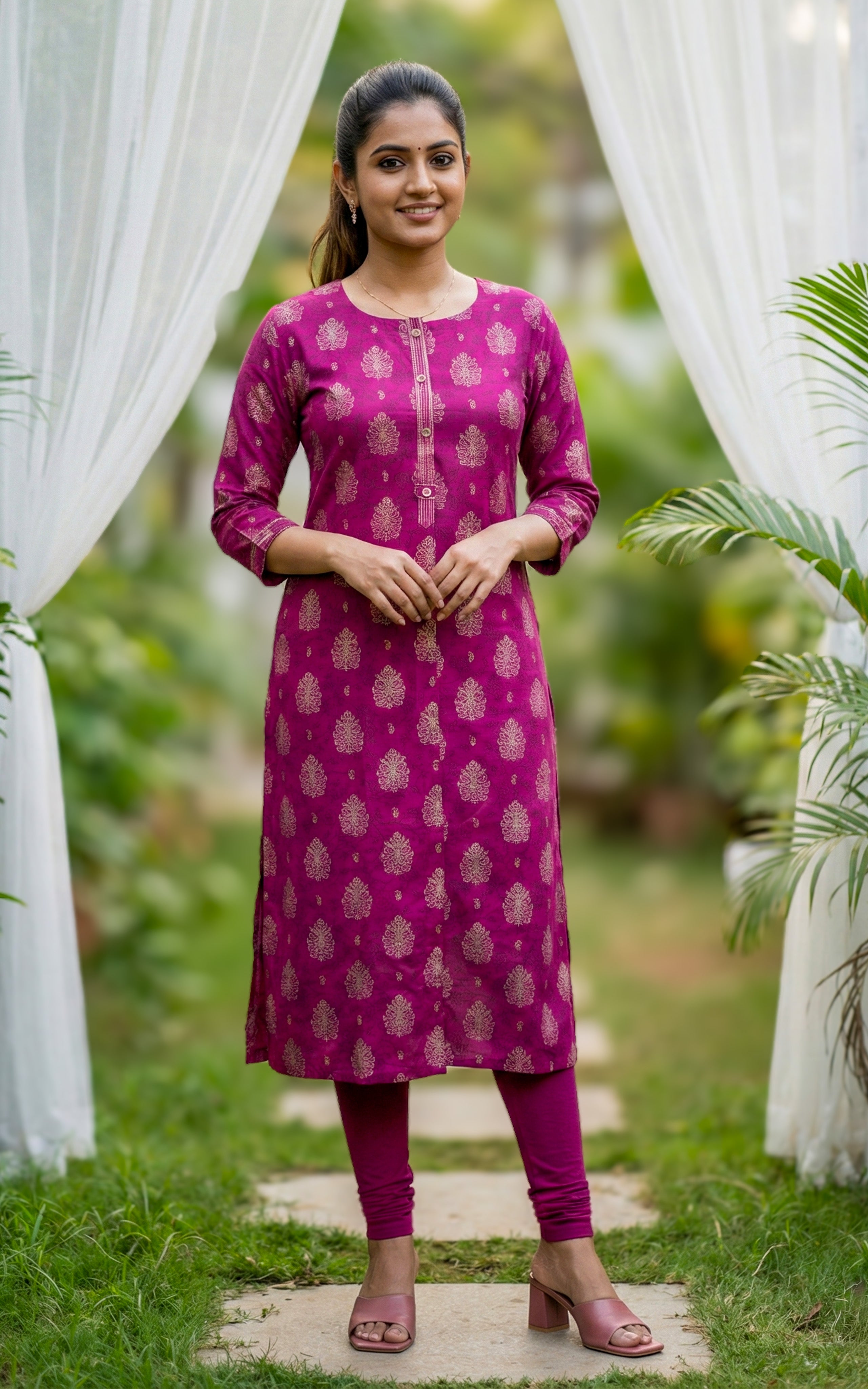Pink Silk Cotton Straight Cut Kurti For Women