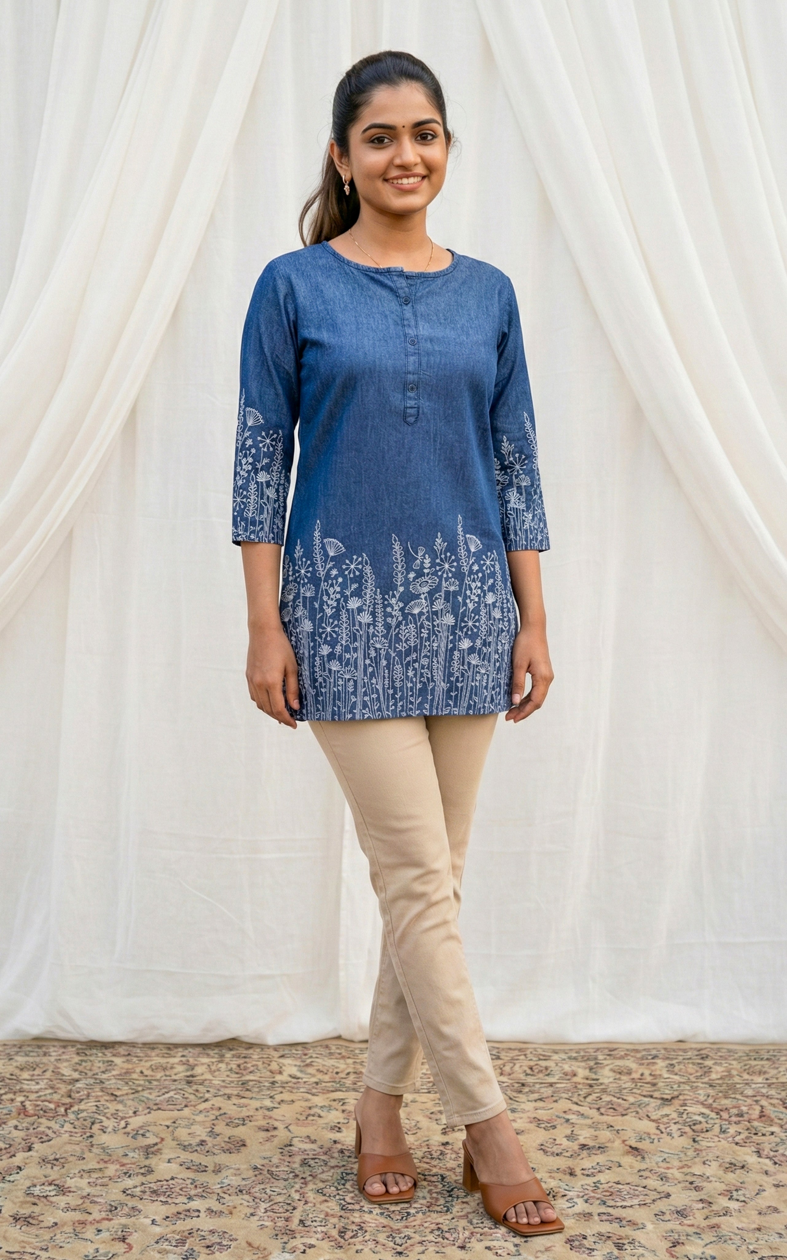 College wear denim blue short kurti for women