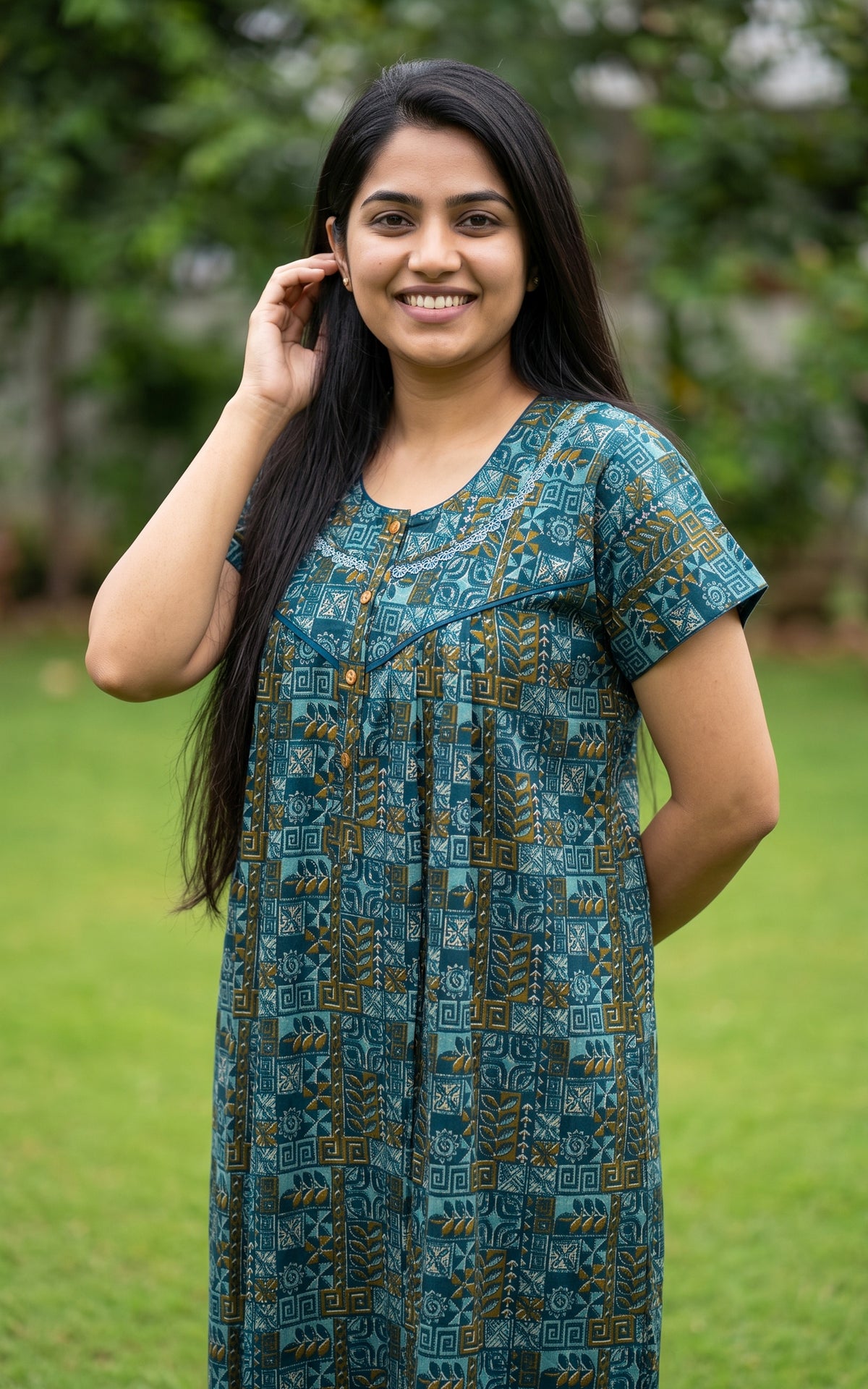 Instore – Blue Cotton Straight Fit Nighty for Women – Cotton – Printed – Ethnic Wear