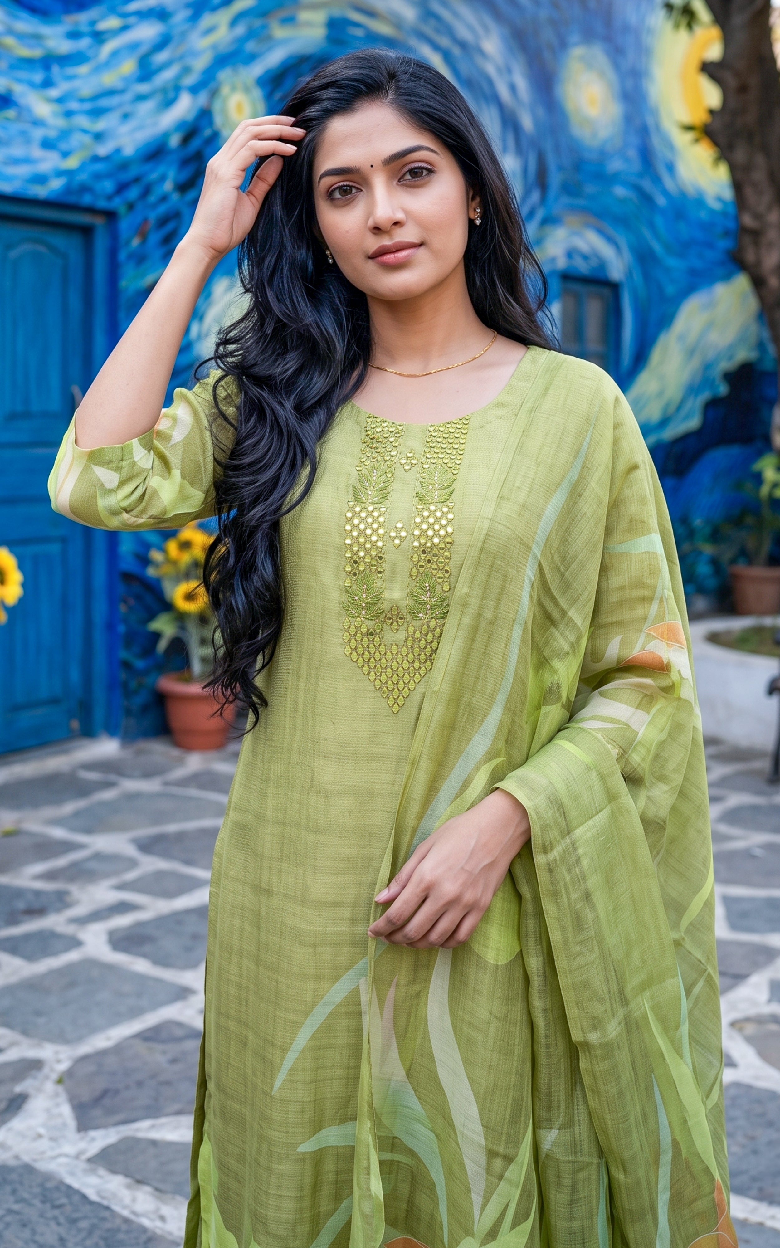 Pista Green Art Silk Daily Wear Kurti Set for Women