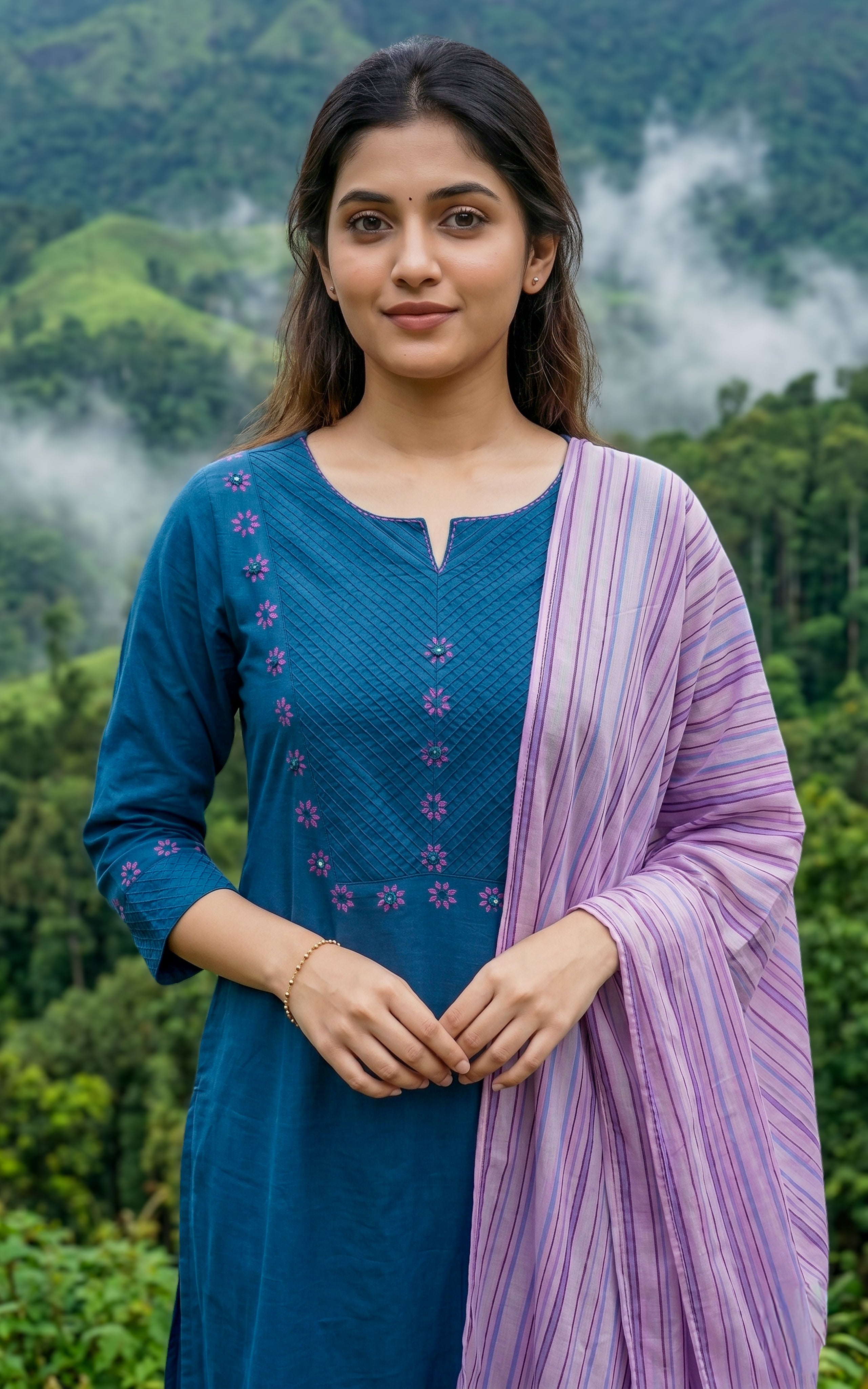 Instore – Navy Blue Cotton Straight Cut Kurti with Dupatta for Women – Side Slit – Ethnic Wear