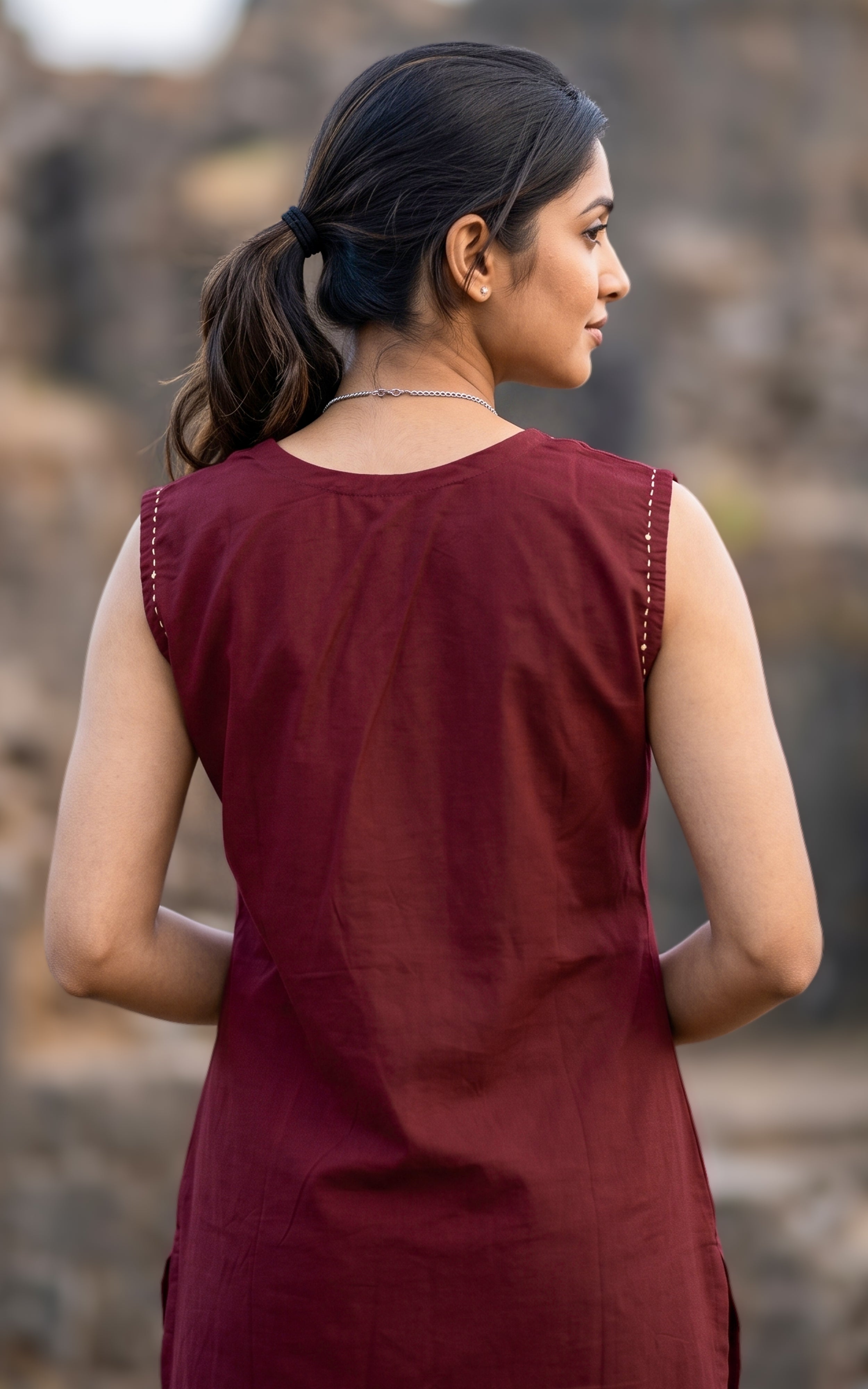 Maroon Cotton Kurti Set with Straight Fit Pant for Women