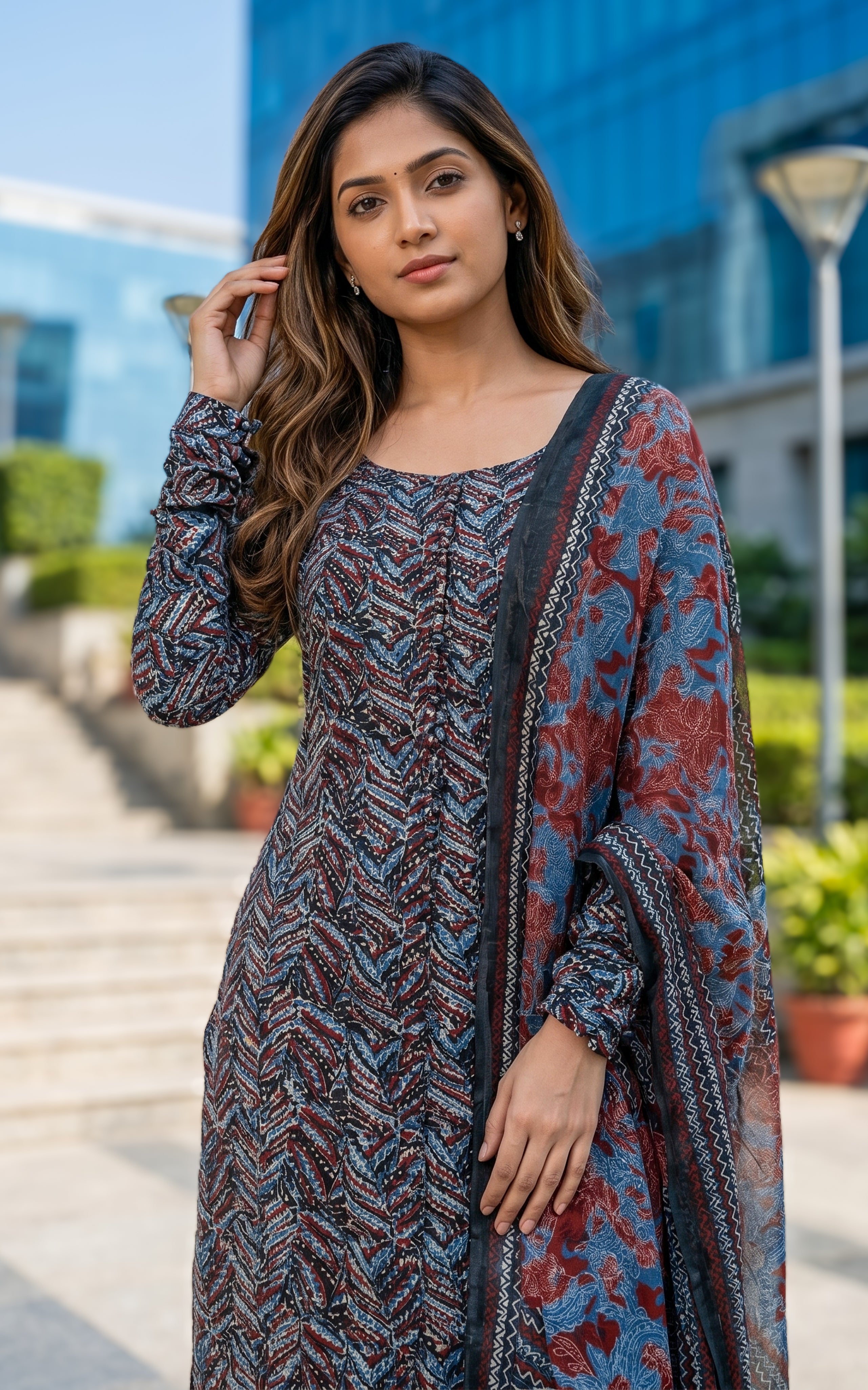 Instore-Sreensha (Kurti+Dupatta)-Aline Kurt-Cotton Dupatta -blue-Cotton -Gathered sleeve-Summer collection-daily wear-college wear-office wear-kurti with dupatta