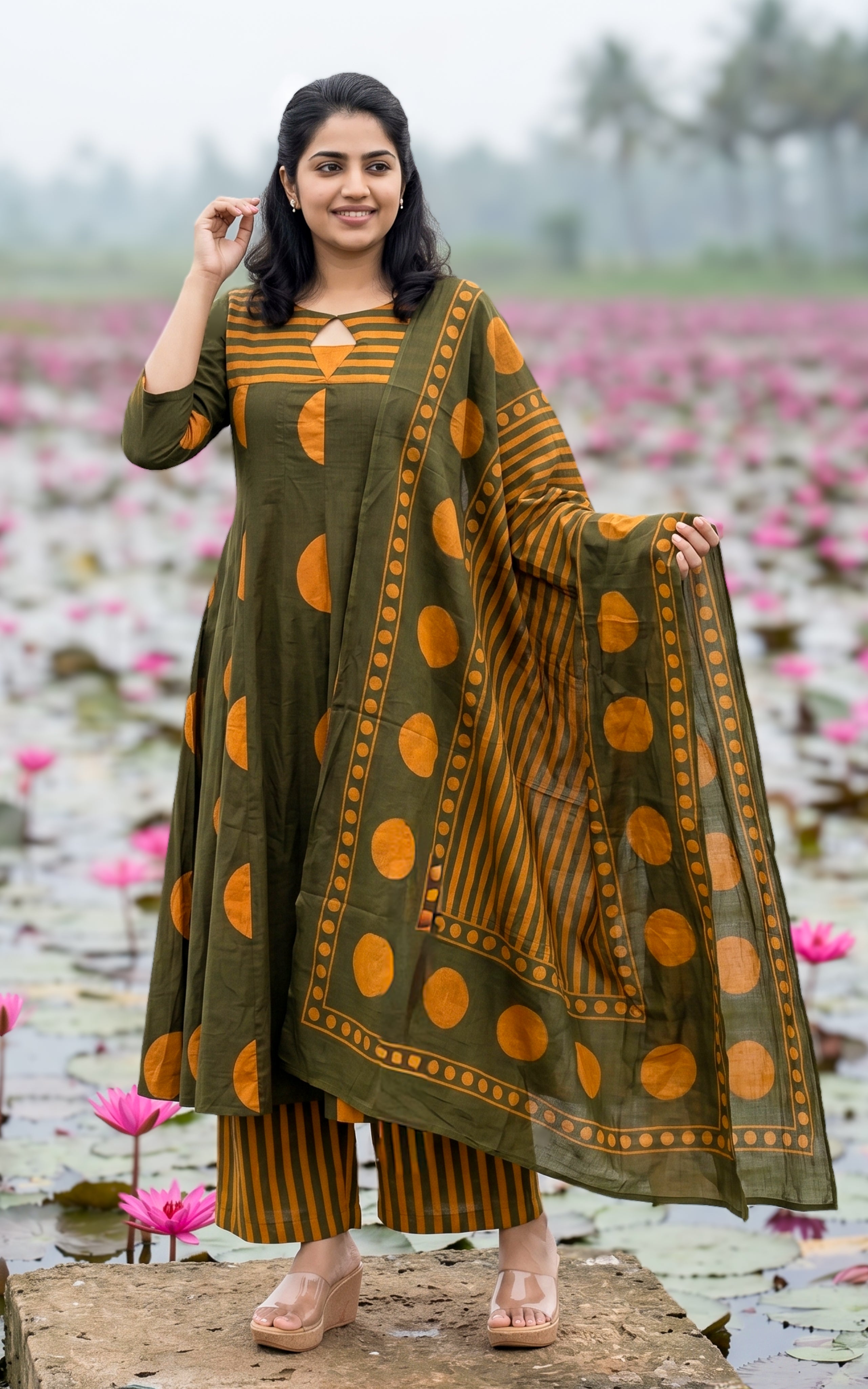 Instore-Poonguzhali E (Kurti+Pant+Dupatta)-Cotton-Anarkali -with One Side Pocket -Palazzo Pant -Dupatta -Mehandi Green -Summer collection-Daily wear-office wear-college wear-ethnic wear