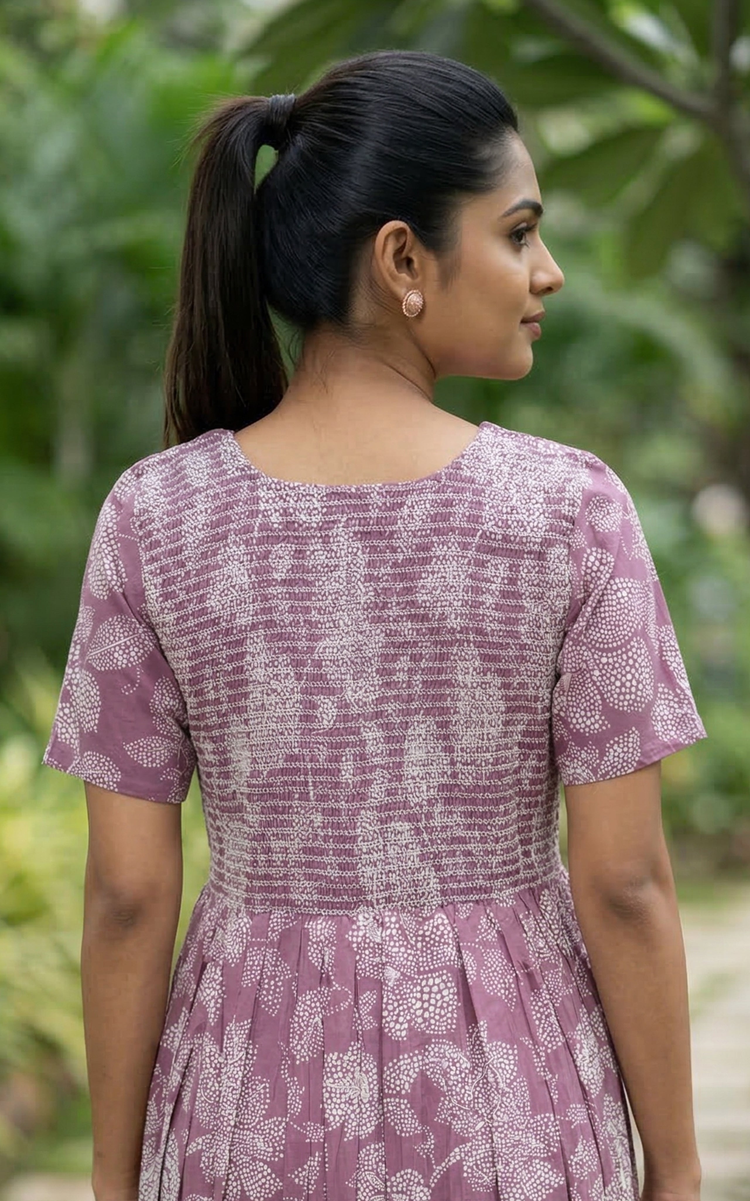 Instore – Dark Mauve Cotton Long Nighty, Smocked Body with Printed Yoke Panel, Round Neck, Relaxed Fit, Women's Sleepwear