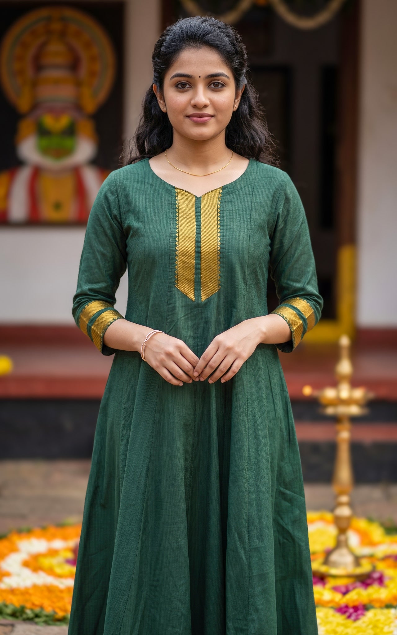 Green Blended South Cotton Traditional Onam Kurti for Women