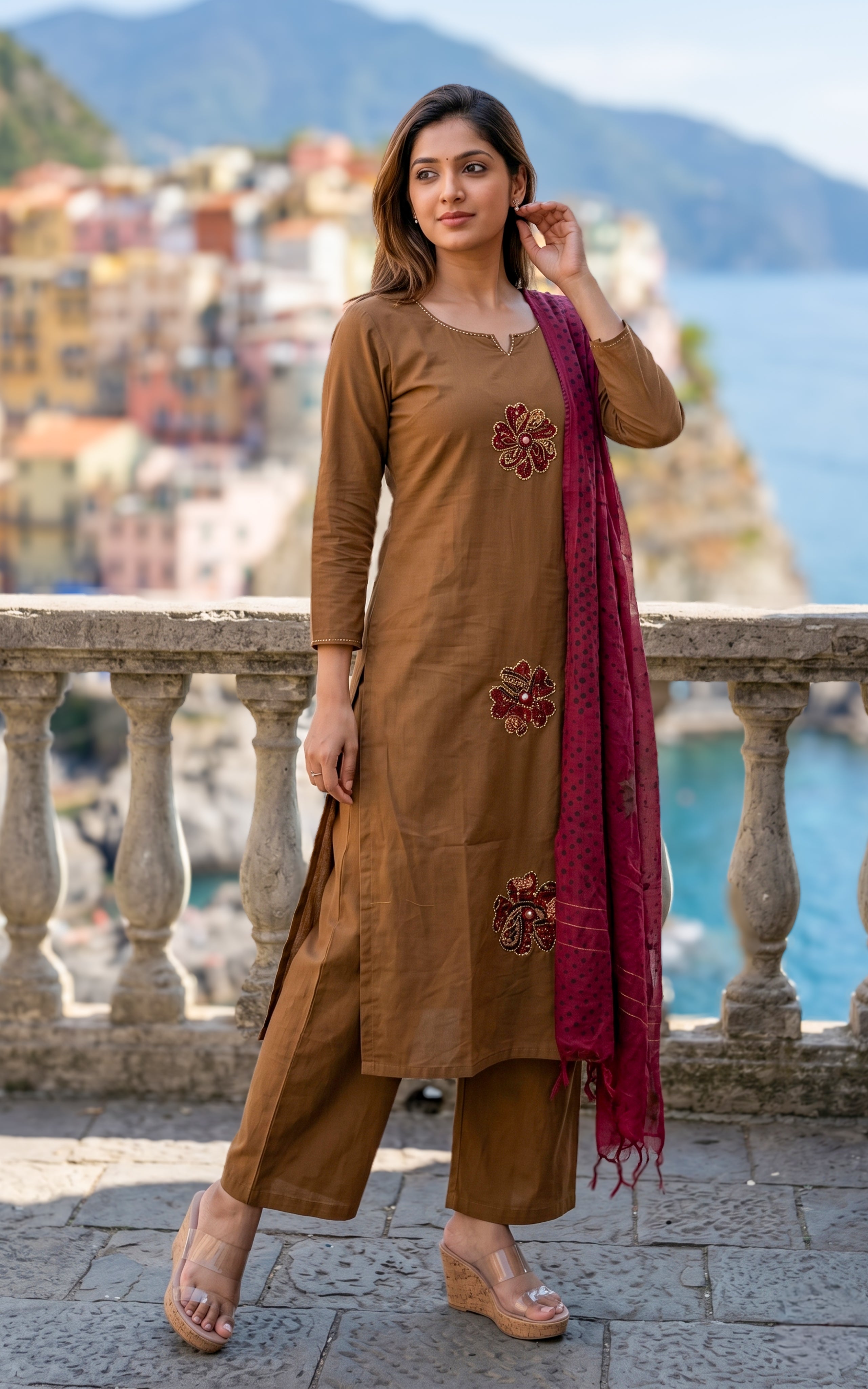 Instore – Brown Cotton Kurti Set for Women – Handblock Printed – Ethnic Wear
