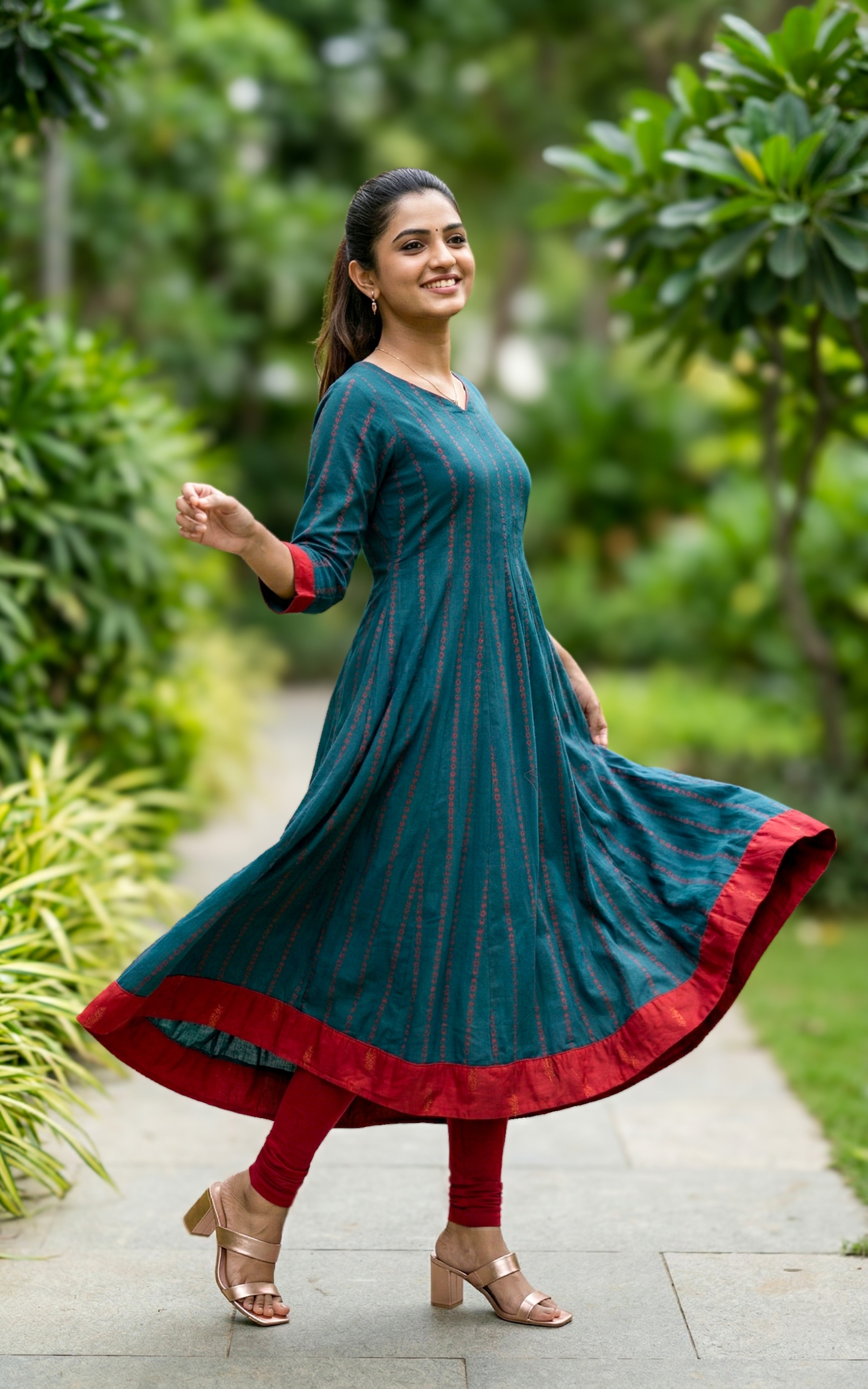Ethnic Teal South Cotton Flared Anarkali