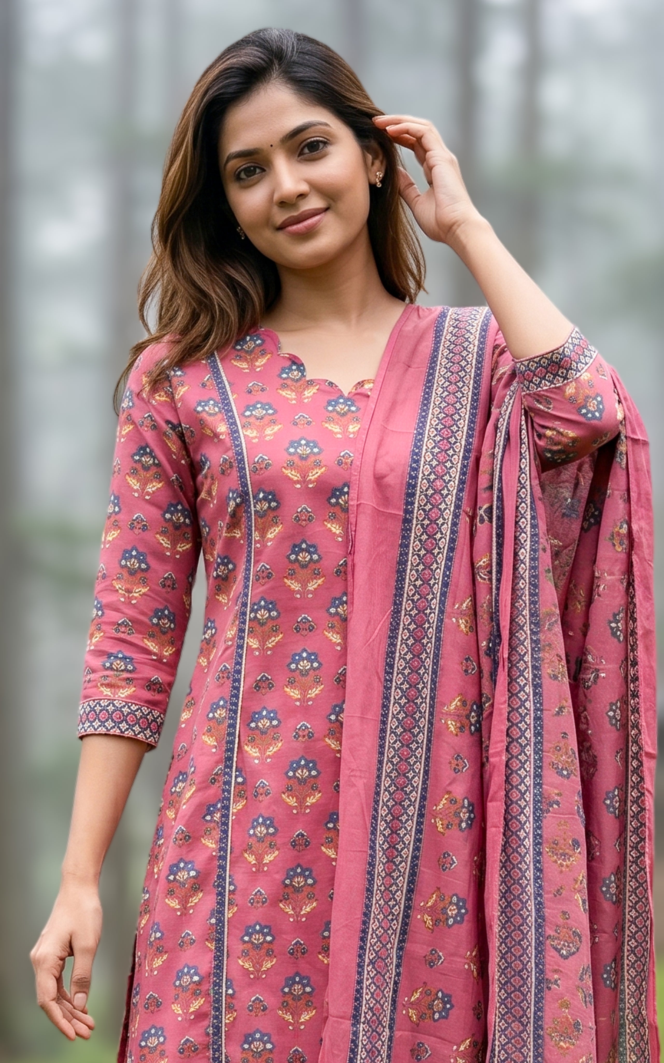 Elegant peach printed cotton kurti set for women