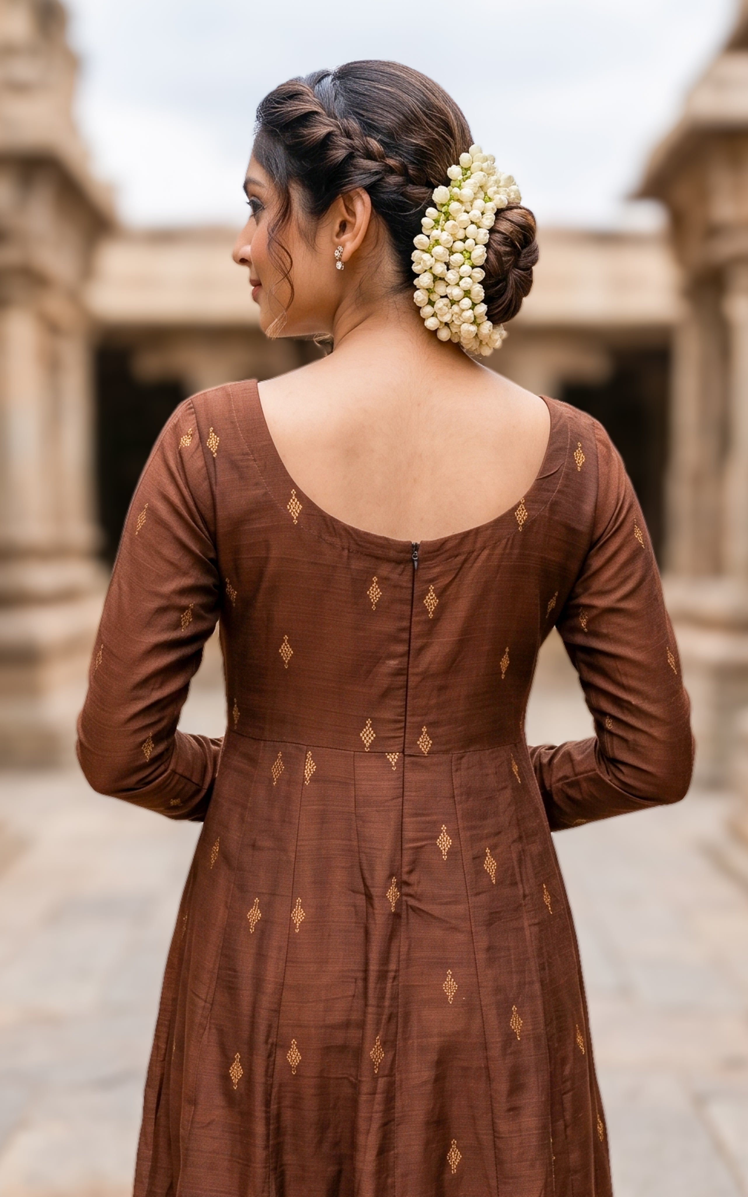 Instore – Brown Yaazhi Anarkali Kurti with Dupatta for Women – Silk Cotton – Golden Butta Work – Festive Ethnic Wear