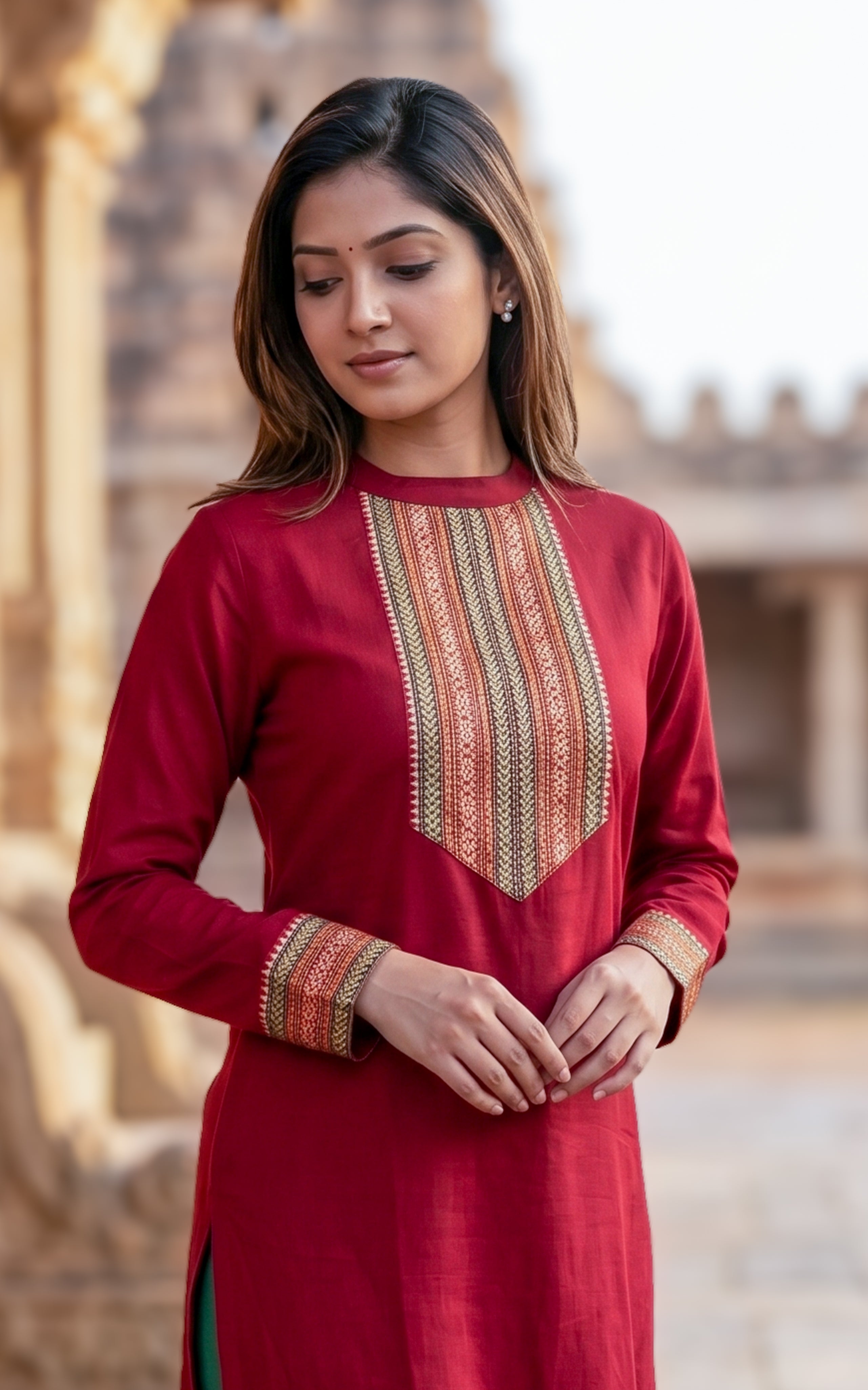 Maroon straight cut silk cotton kurti for women