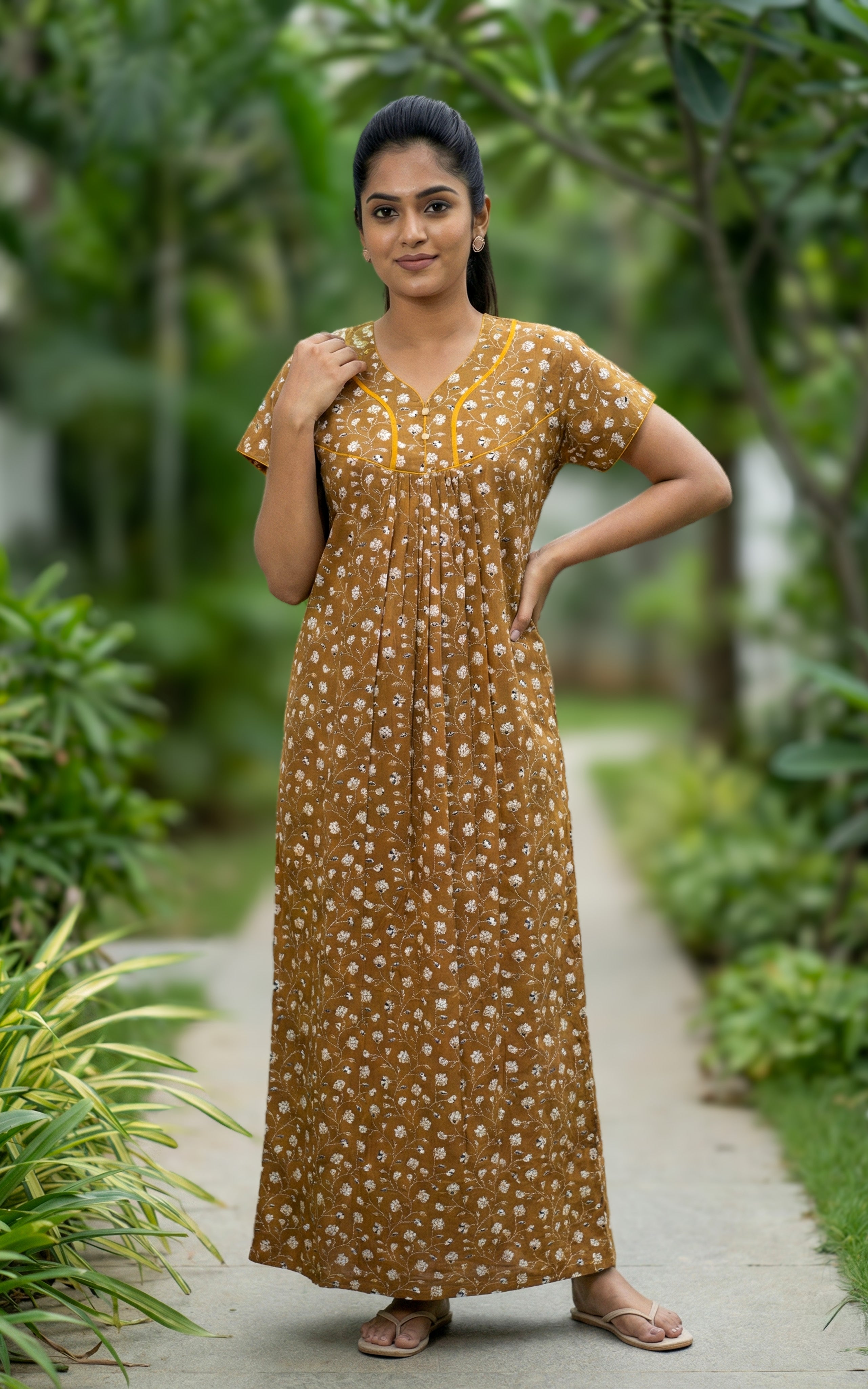 Instore – Mustard Cotton Long Nighty, All-Over Floral Design, Round Neck with Front Button Placket & Pleat Detailing, Relaxed Fit, Women's Sleepwear