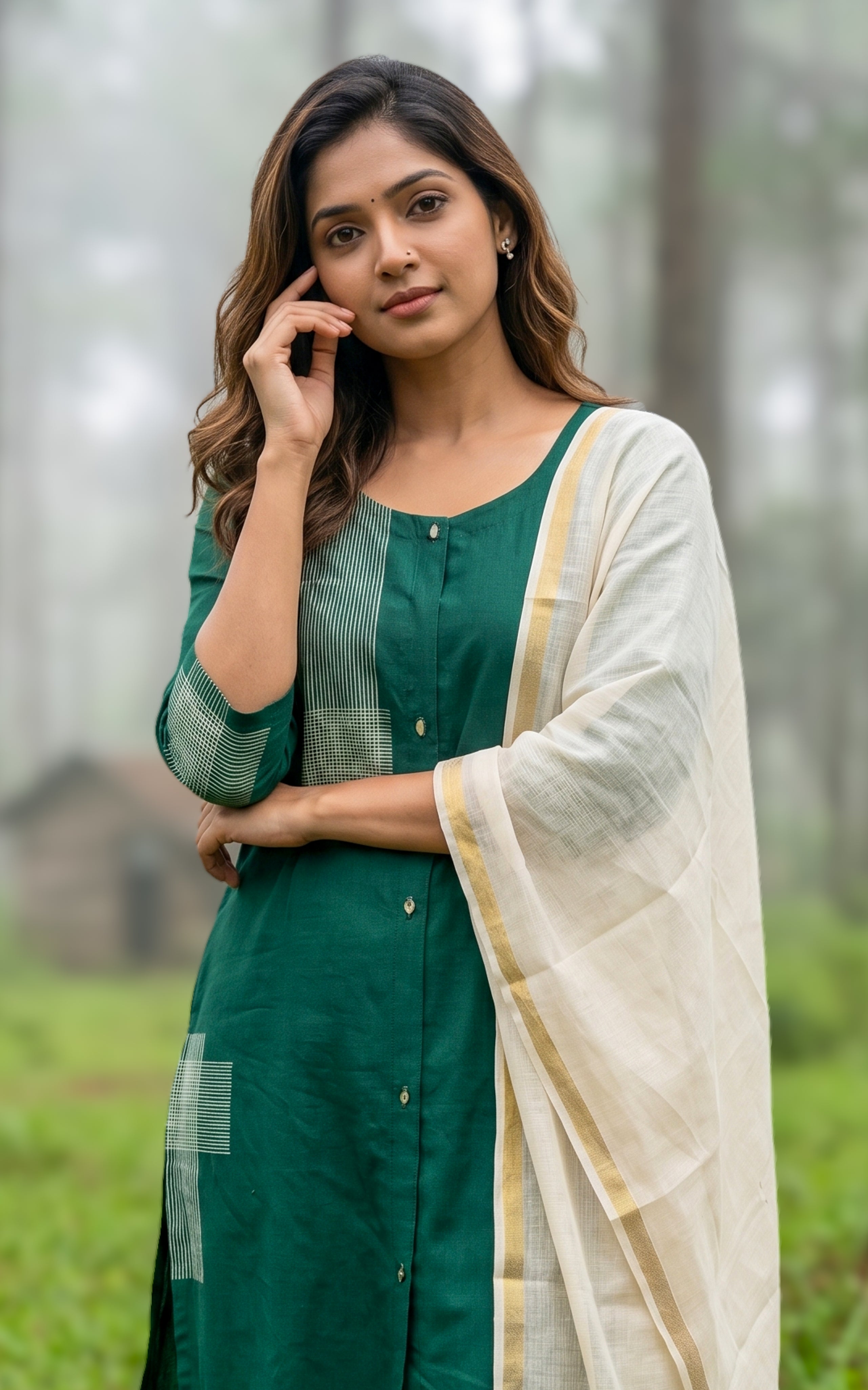 Instore – Green Handblock Printed Cotton A-Line Kurti with Dupatta for Women – Ethnic Wear