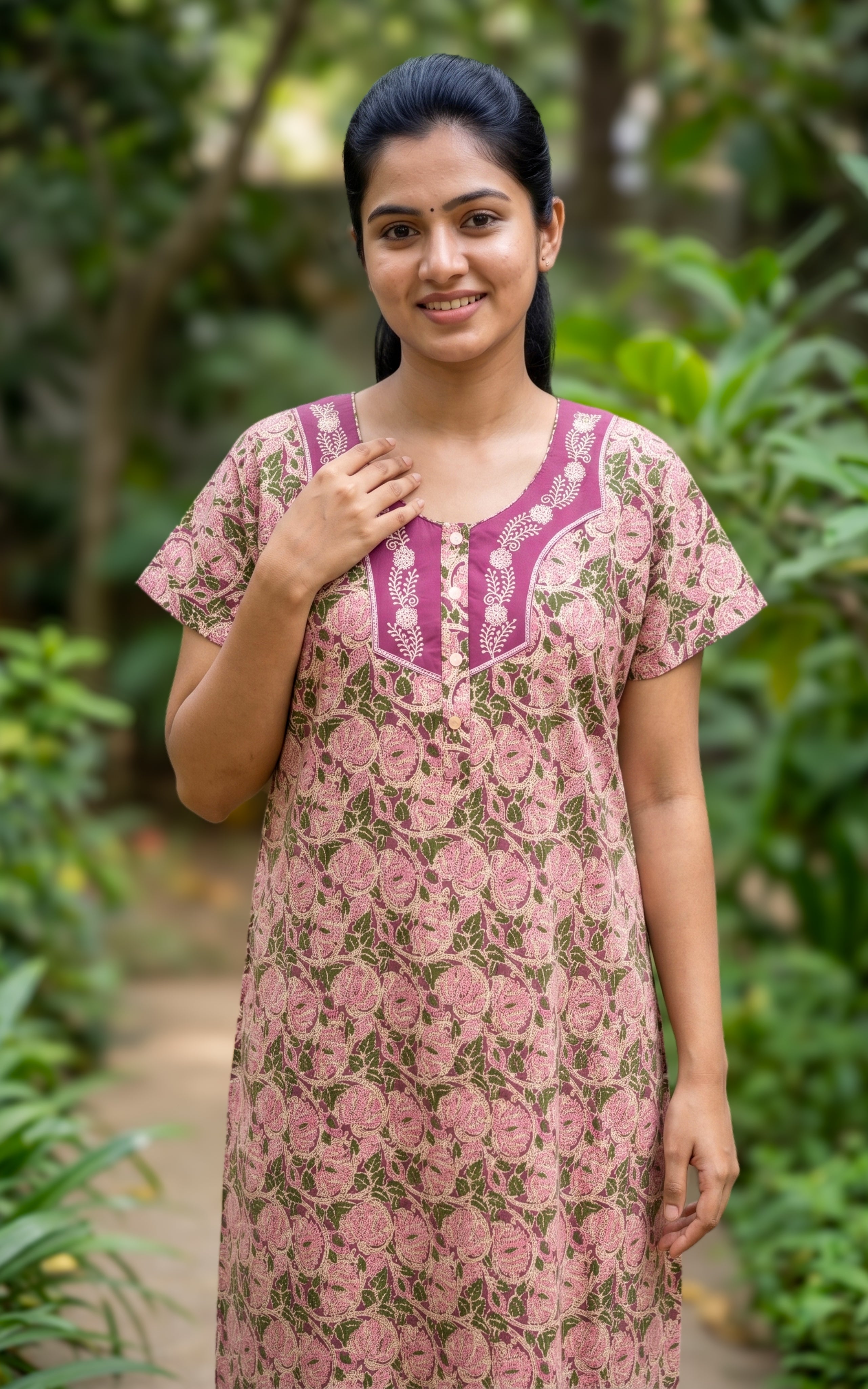 Instore - Multicolor Floral Print Cotton Long Nighty with Side Pocket, Relaxed Fit, Women's Sleepwear