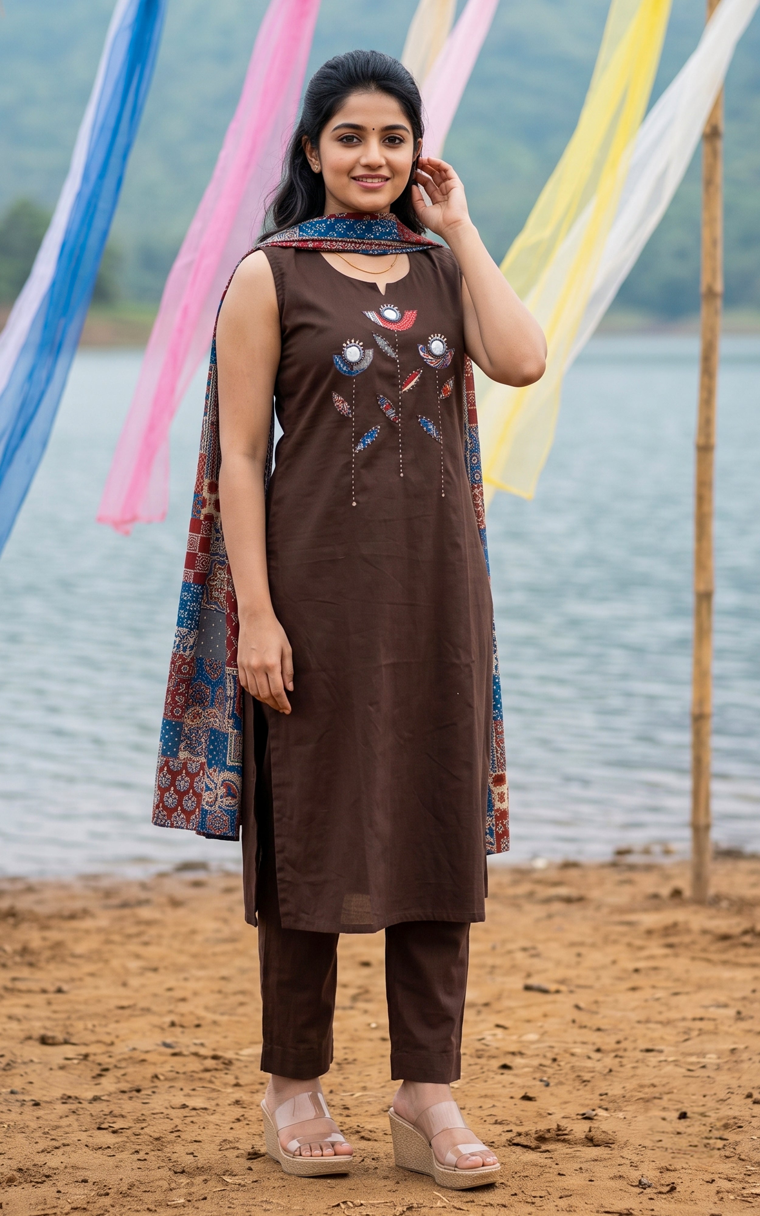 Instore – Brown Carolina Kurti Pant Dupatta Set for Women – Cotton – Printed – Ethnic Wear