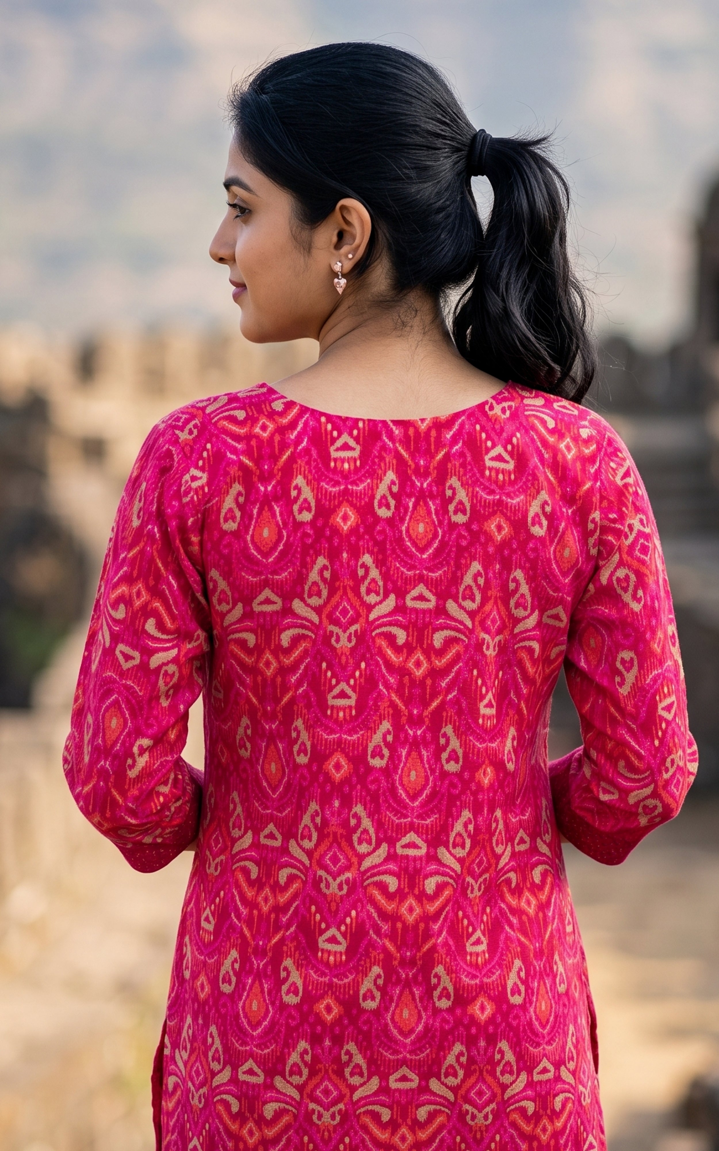 Reddish Pink Art Silk Kurti Set with Straight Fit Pant for Women