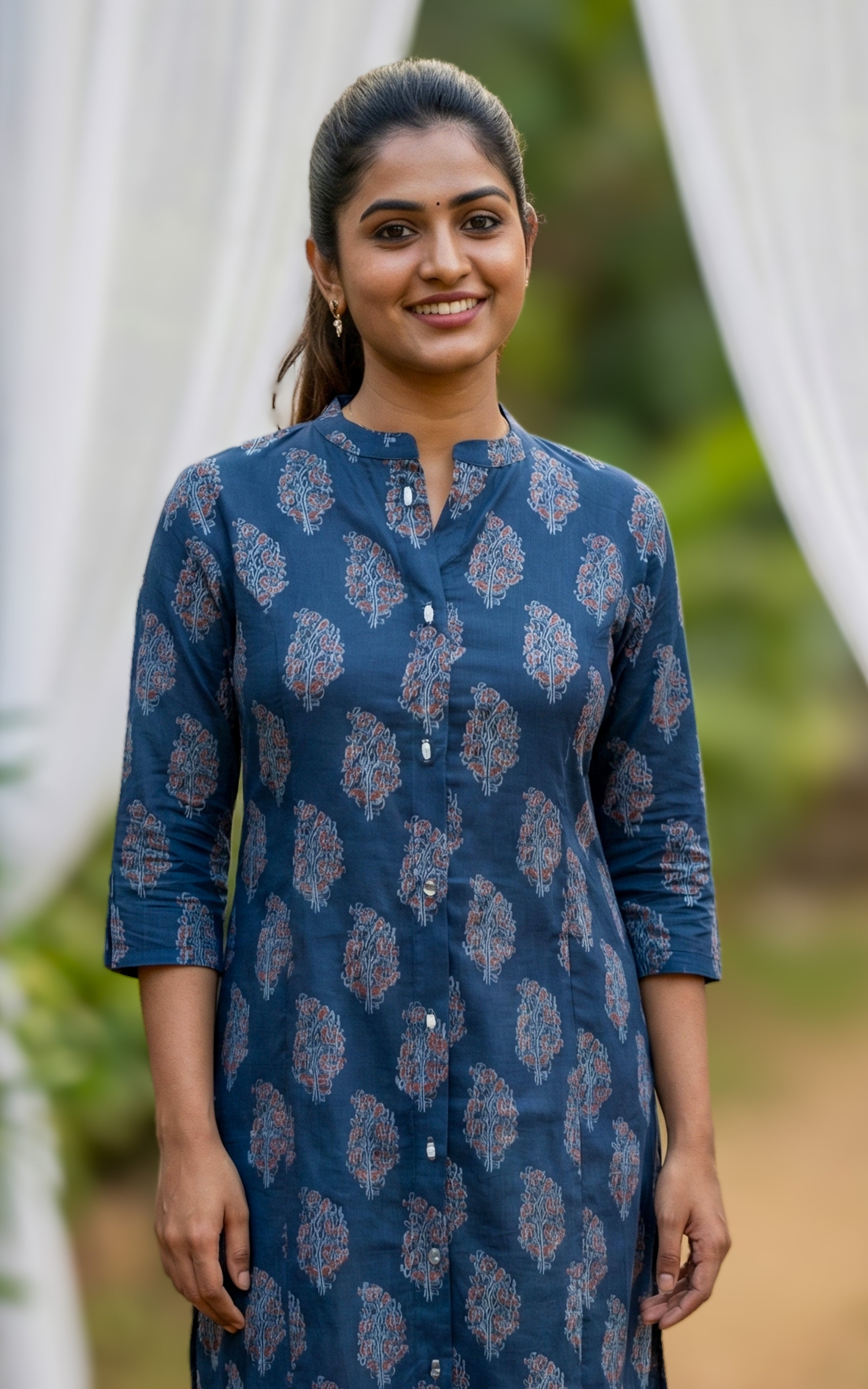 Instore – Navy Blue Bindhu Kurti for Women – Printed Cotton – Indian Ethnic Wear