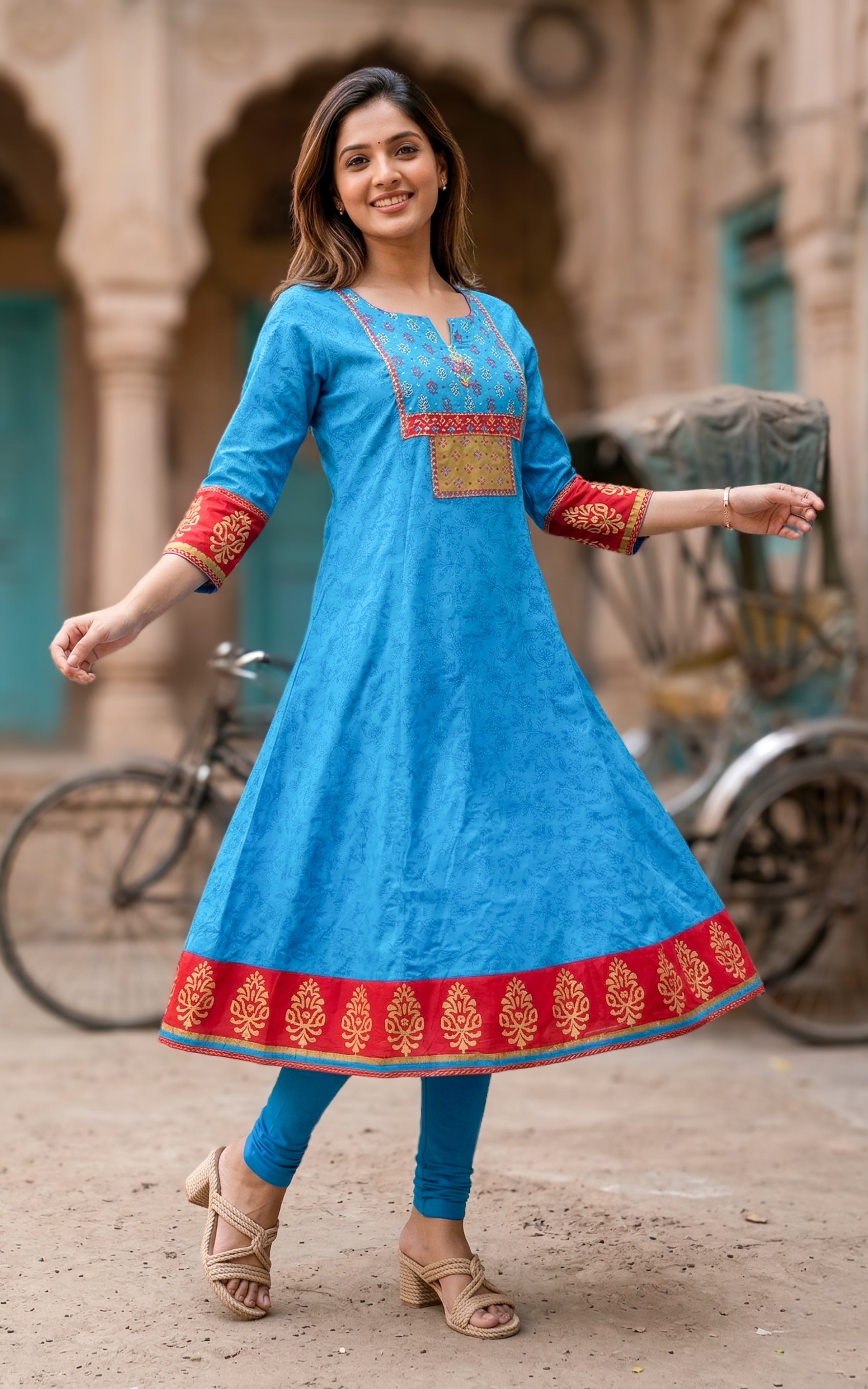 Instore - Blue Color Cotton Handblock Aline Kurti Featuring Contrast Yoke Panel