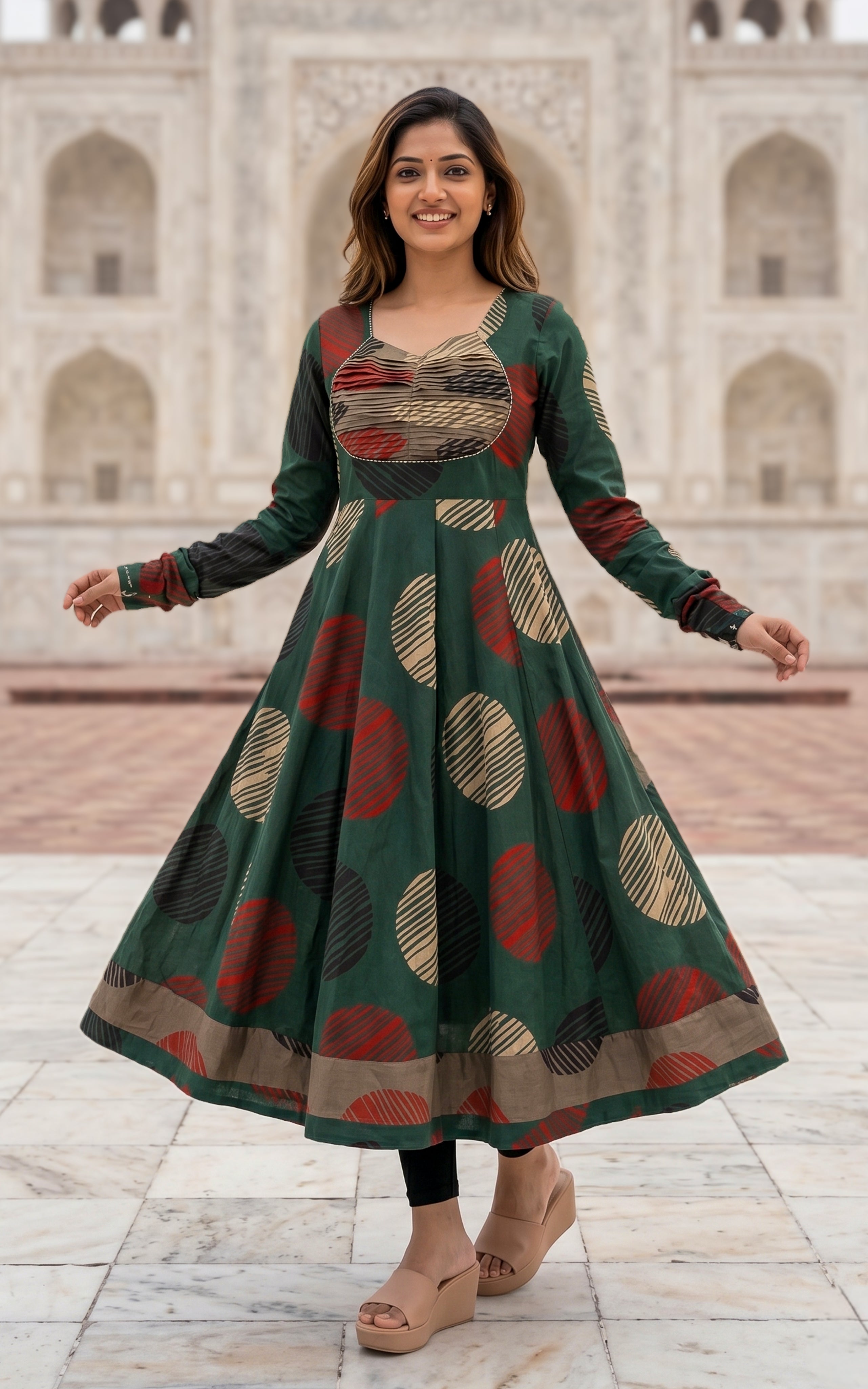 Instore - Green Color Printed Cotton Flared Anarkali Kurti with Line Embroidery & Sweetheart Neck with Gathered Sleeve