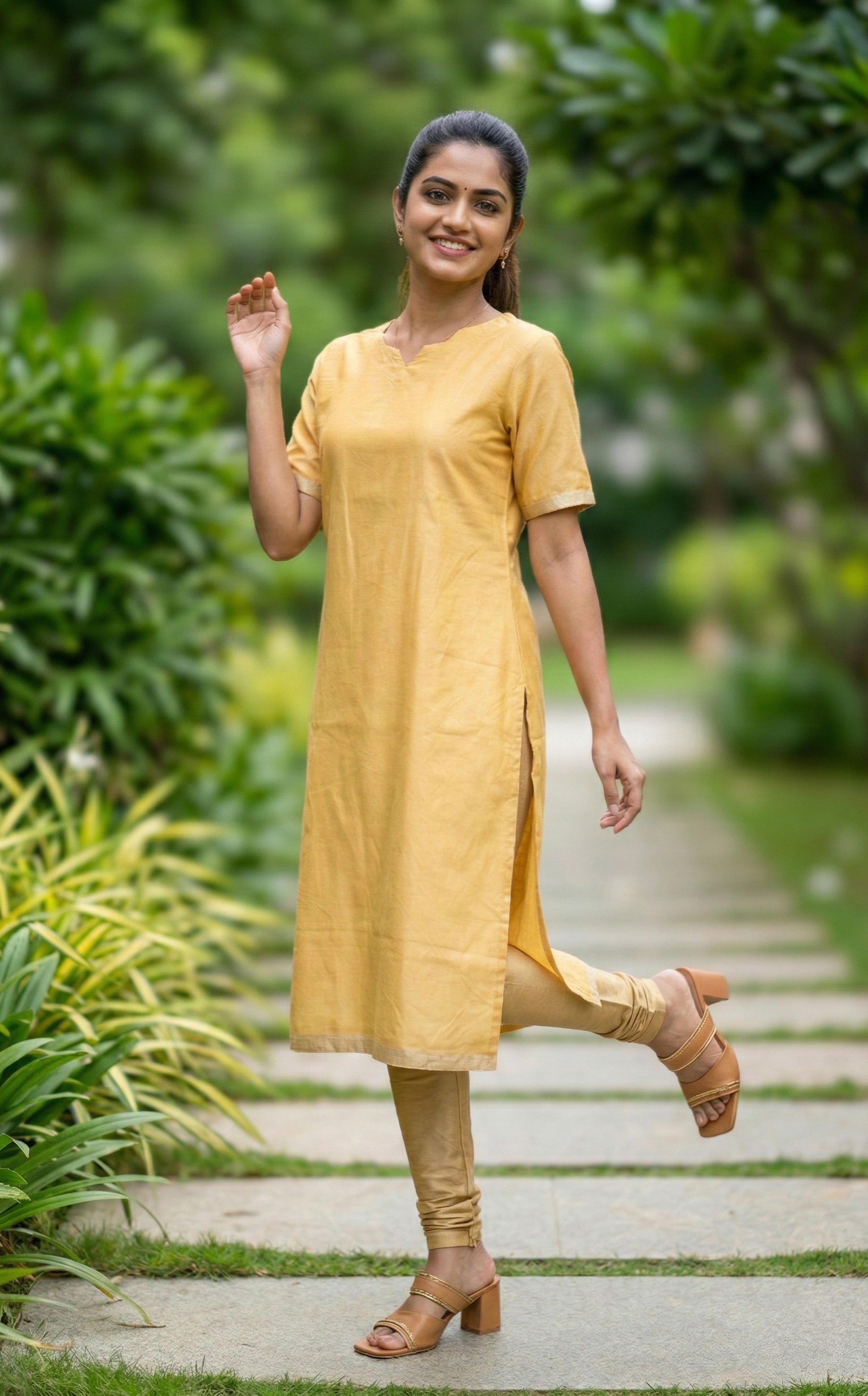 Light Yellow Silk Cotton Straight Cut Kurti Daily Wear