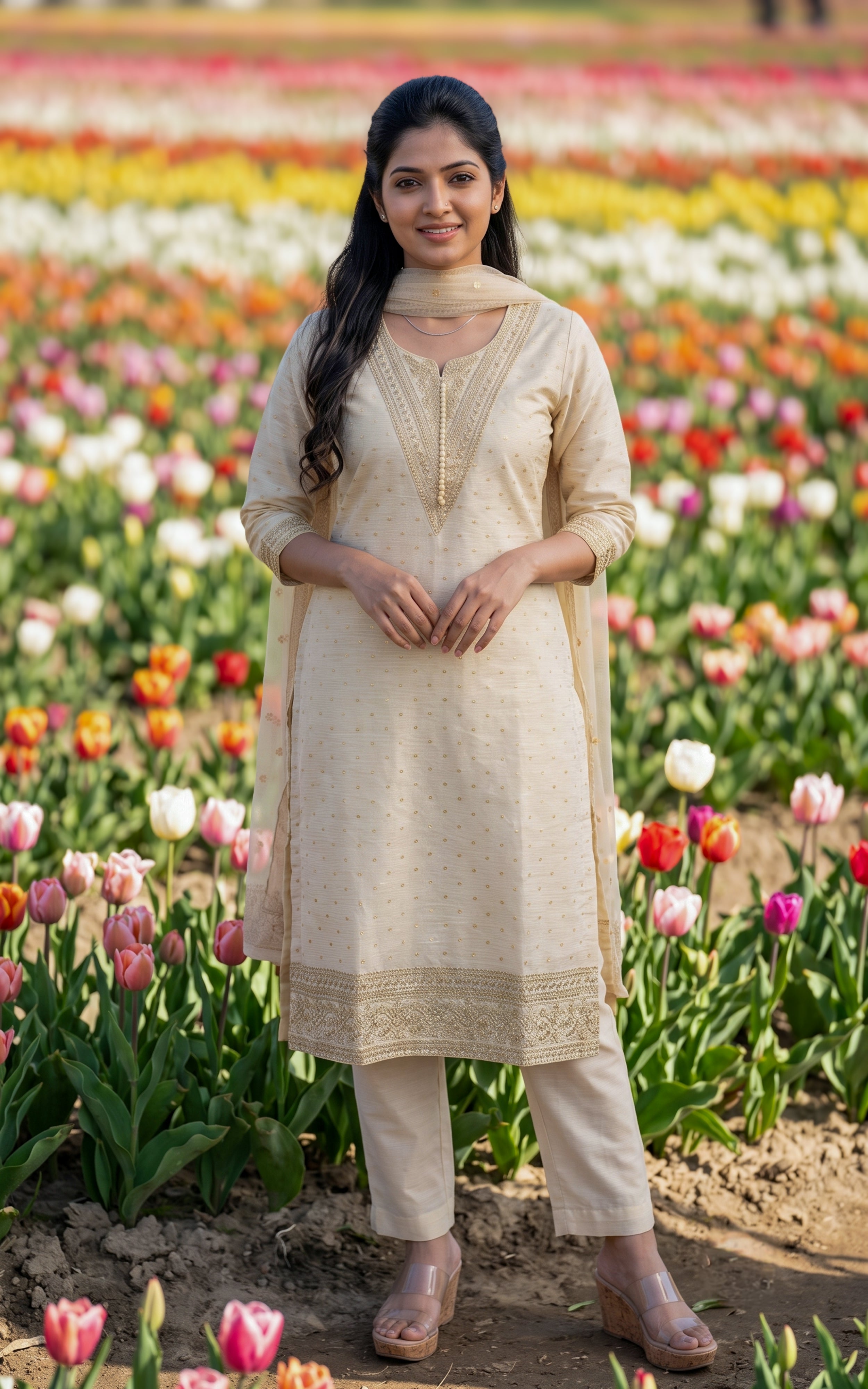 Beige Chanderi Kurti Set with Dupatta for Women