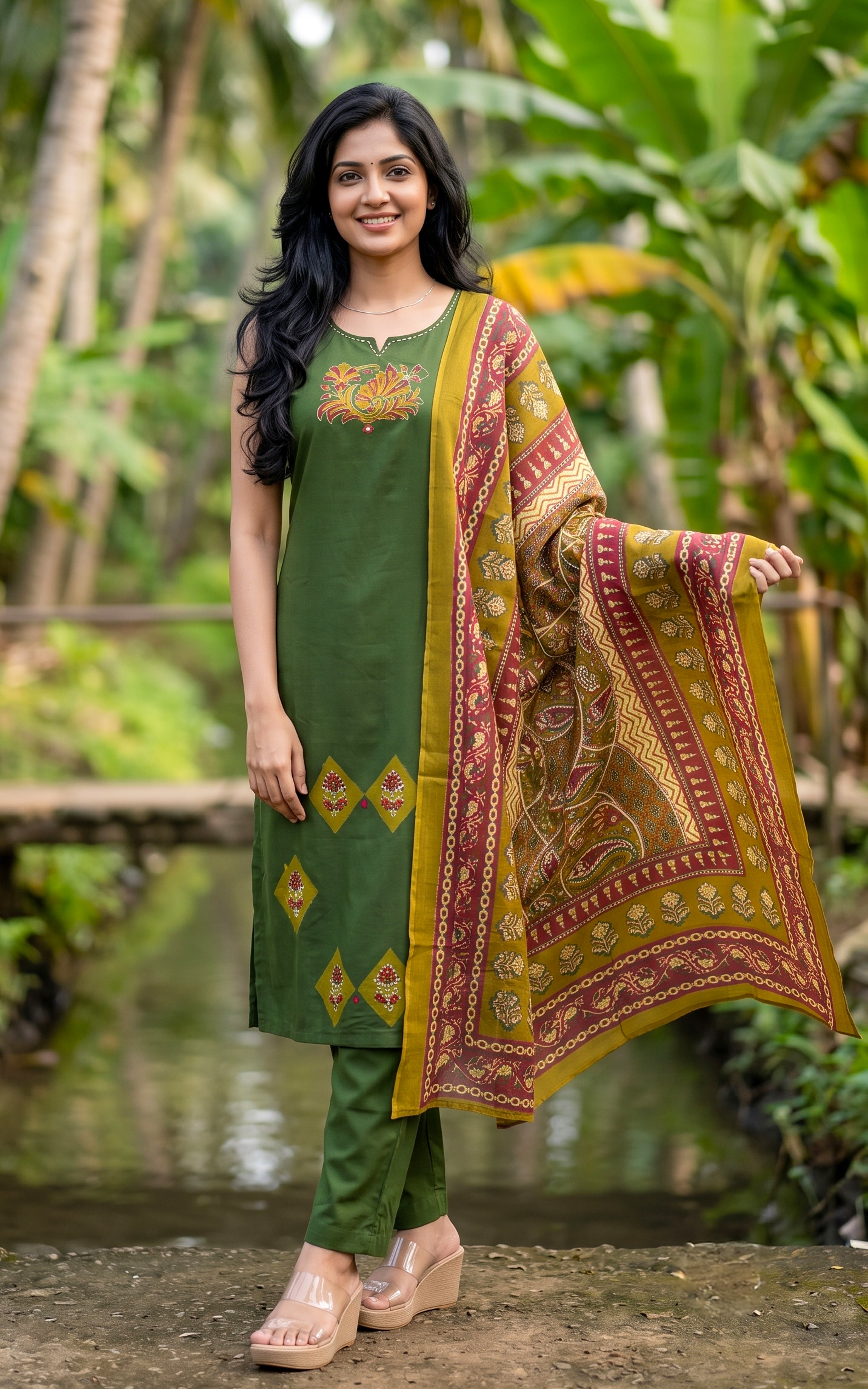 Mehandi Green Cotton Kurti Set for Women