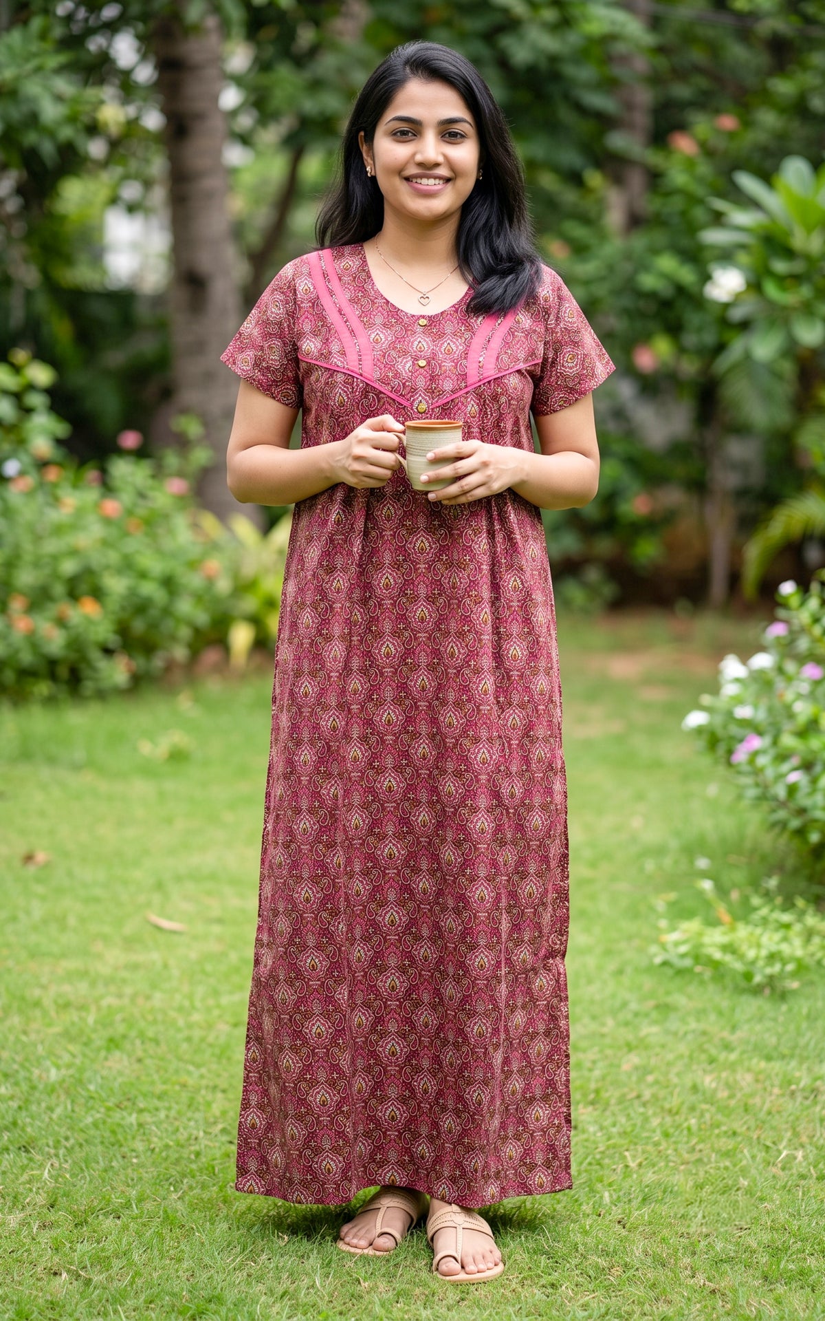 Instore – Maroon & Pink Cotton Straight Fit Nighty for Women – Cotton – Printed – Ethnic Wear
